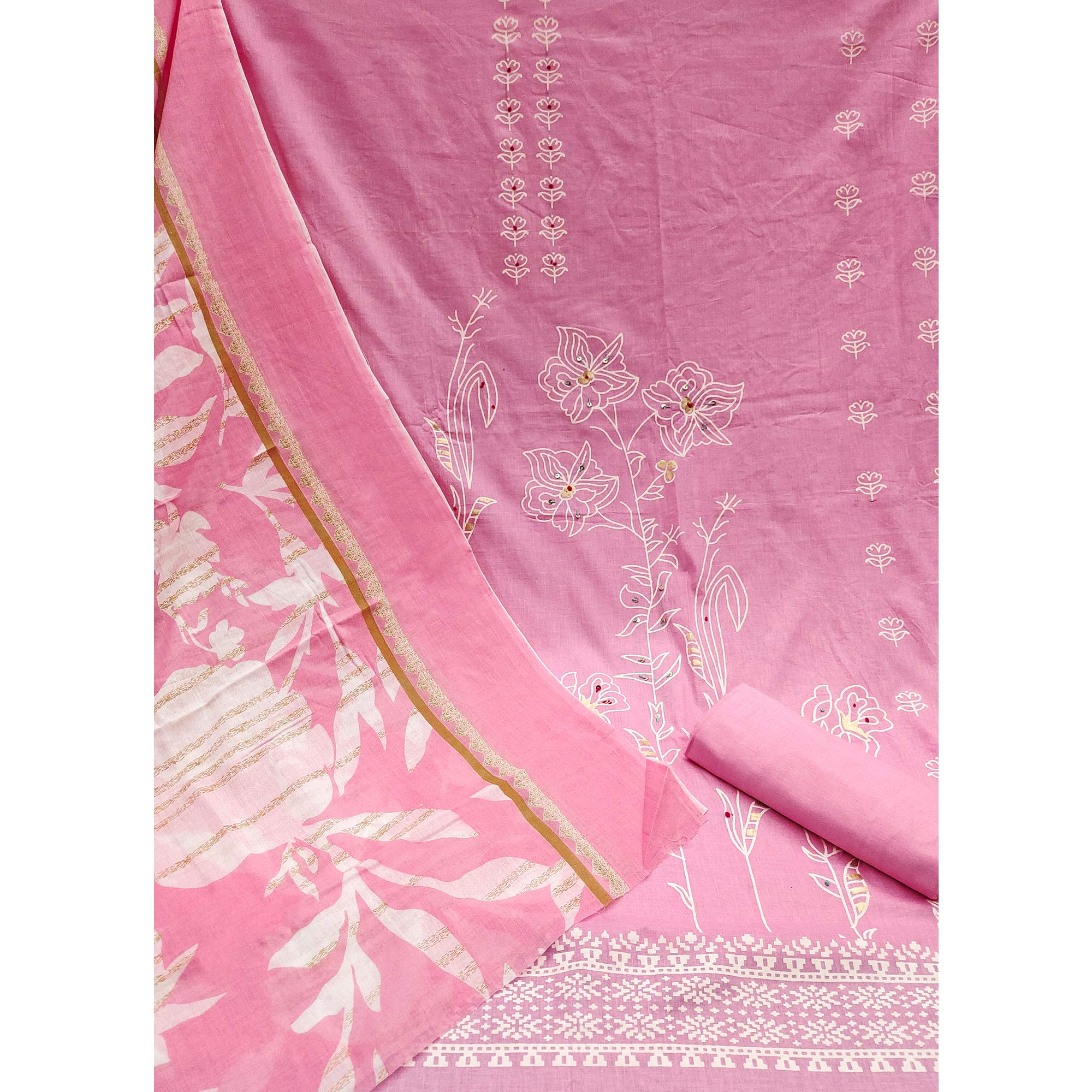 Pink Floral Foil Printed Pure Cotton Dress Material