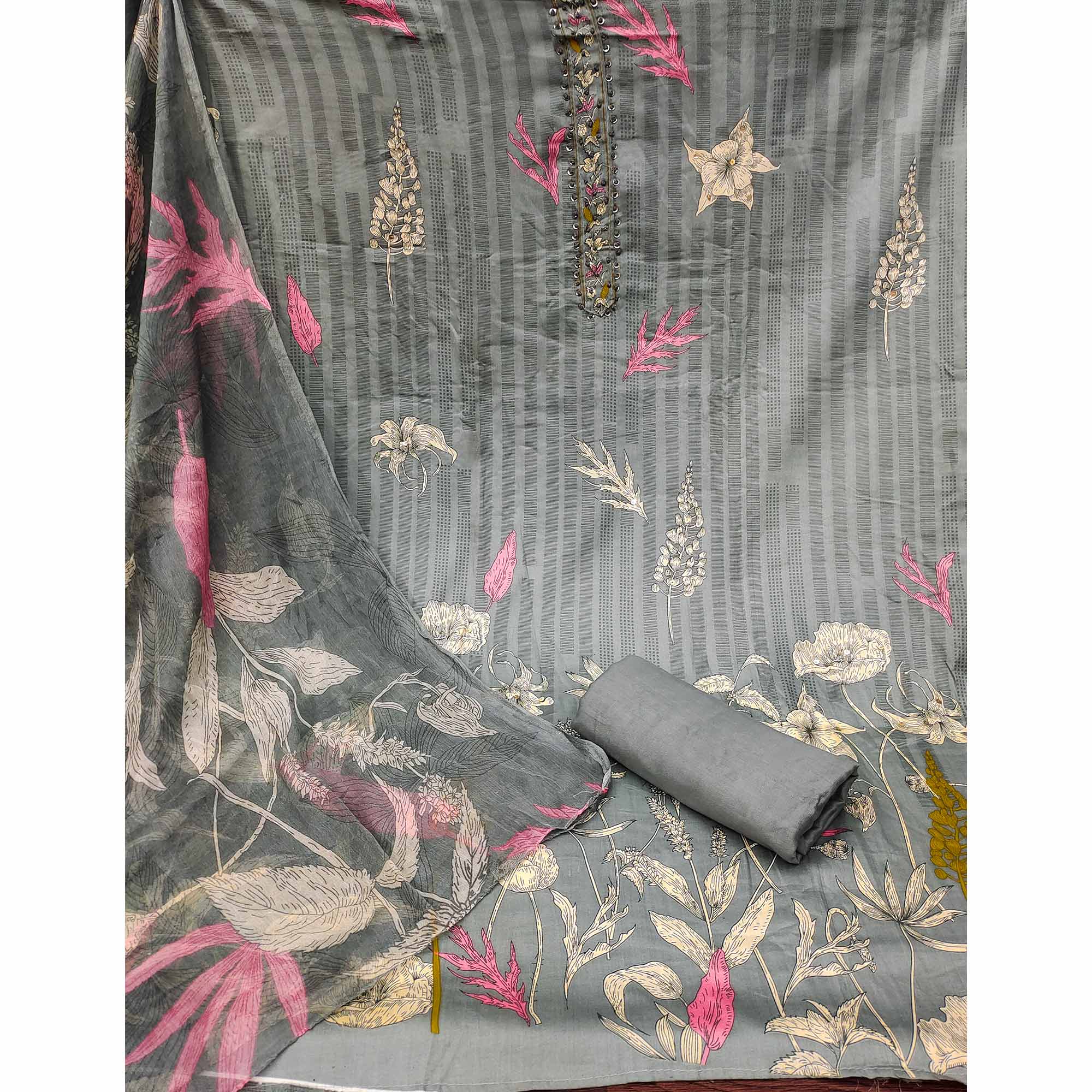 Grey Floral Printed Pure Cotton Dress Material
