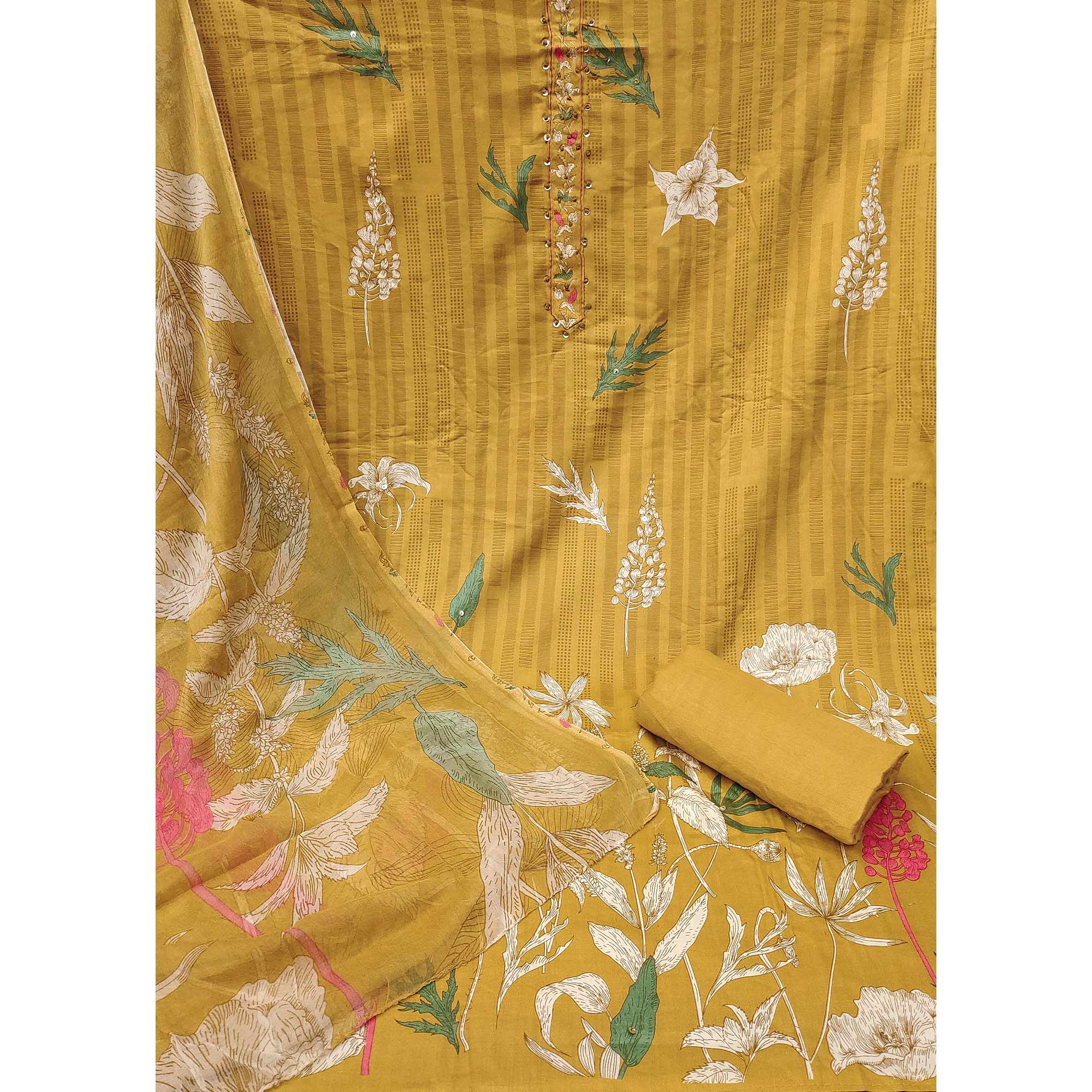 Mustard Floral Printed Pure Cotton Dress Material