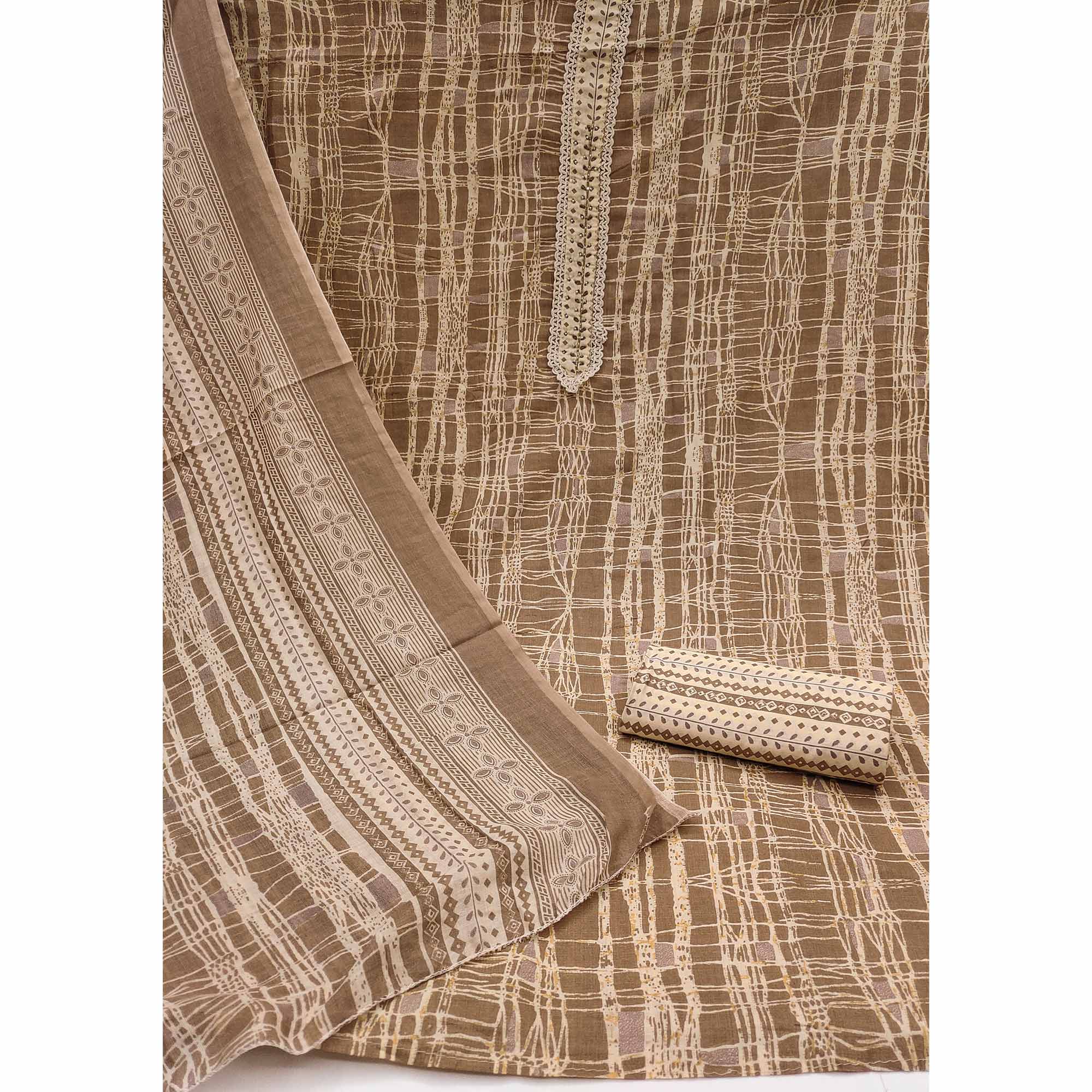 Brown Printed Pure Cotton Dress Material
