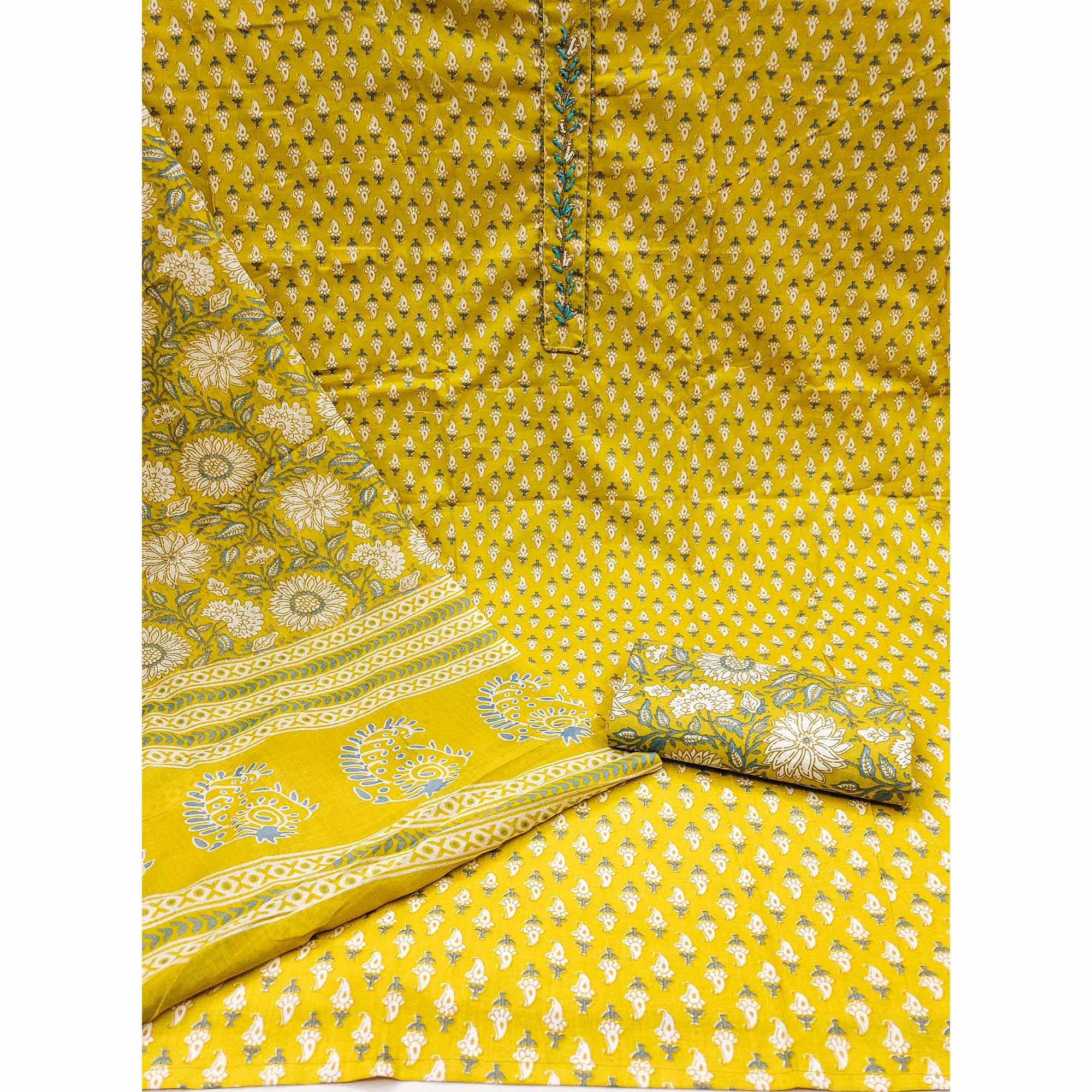 Lemon Yellow Floral Printed Pure Cotton Dress Material