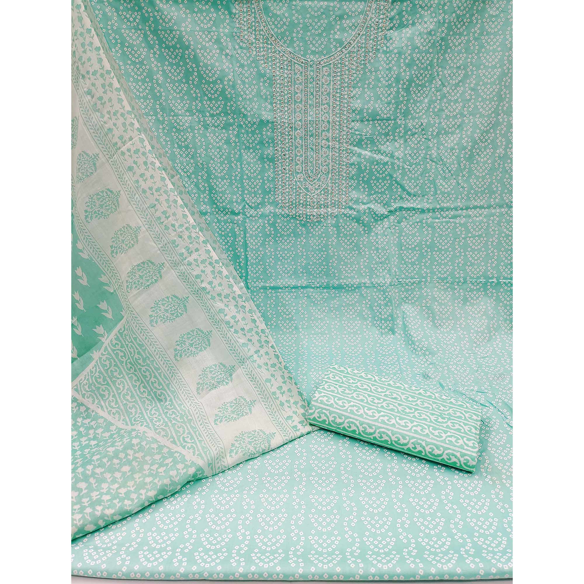 Blue Bandhani Printed With Sequins Pure Cotton Dress Material