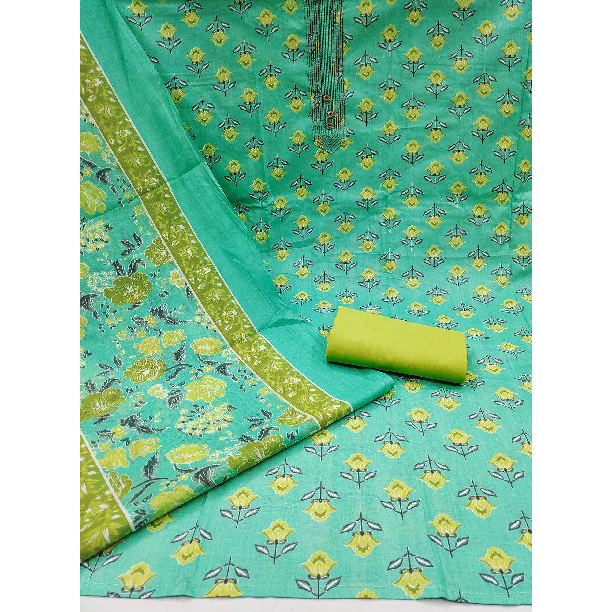 Aqua Green Floral Printed Pure Cotton Dress Material
