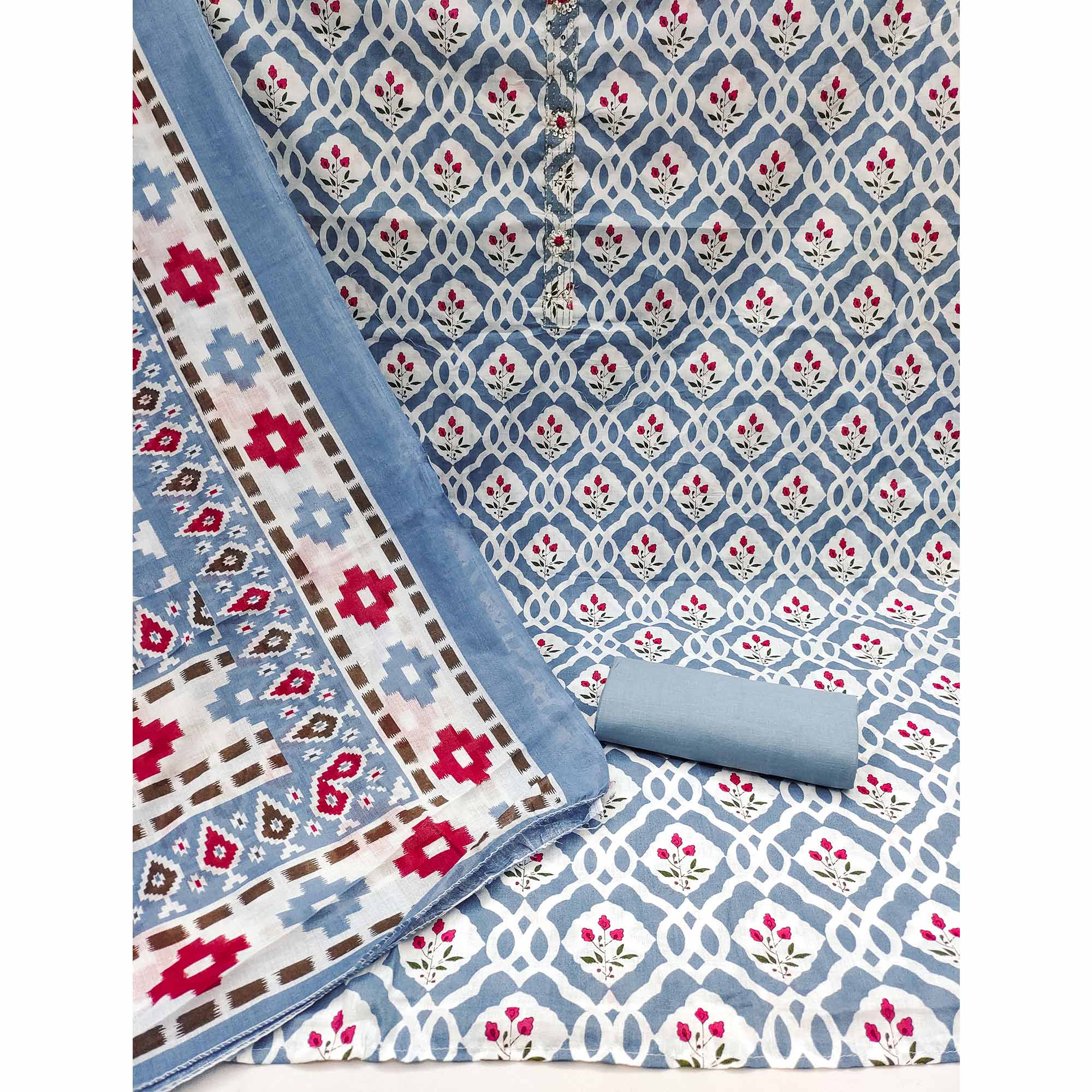 Bluish Grey Floral Printed With Embroidered Pure Cotton Dress Material