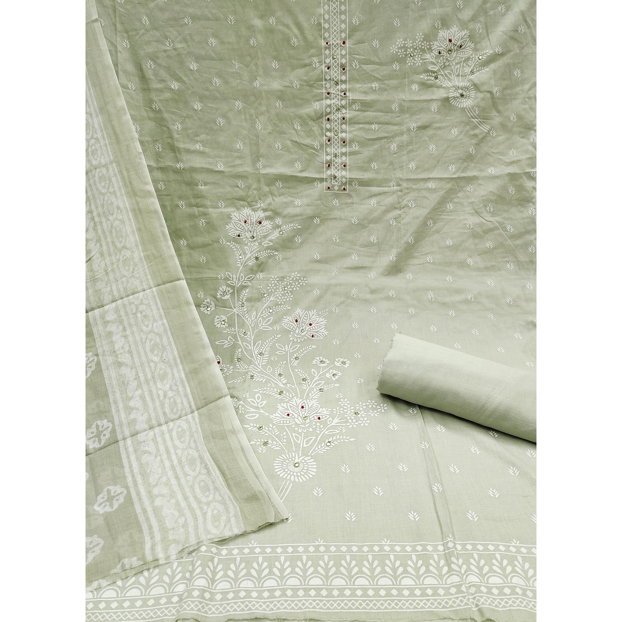 Green Floral Printed Pure Cotton Dress Material