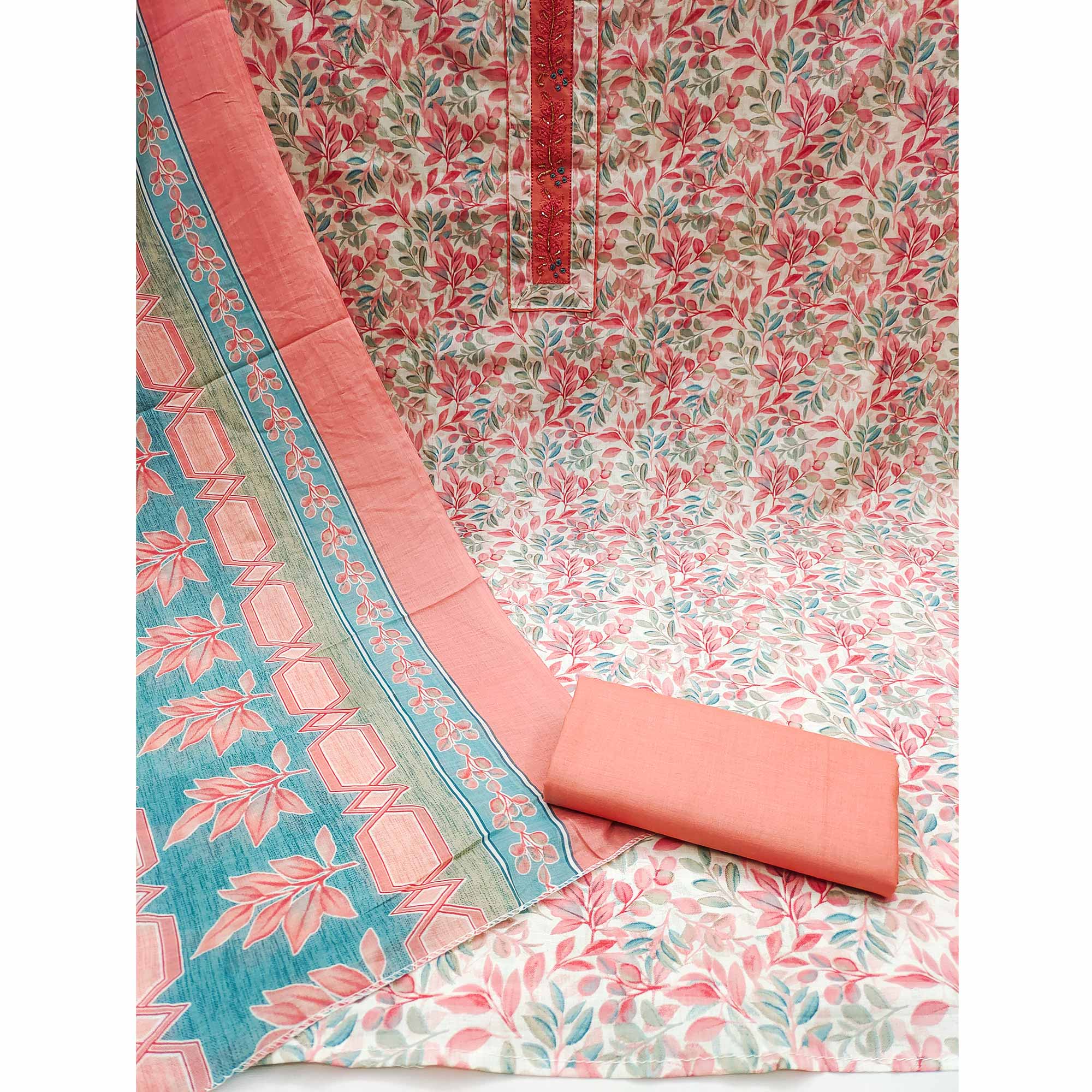 Peach Floral Printed Pure Cotton Dress Material