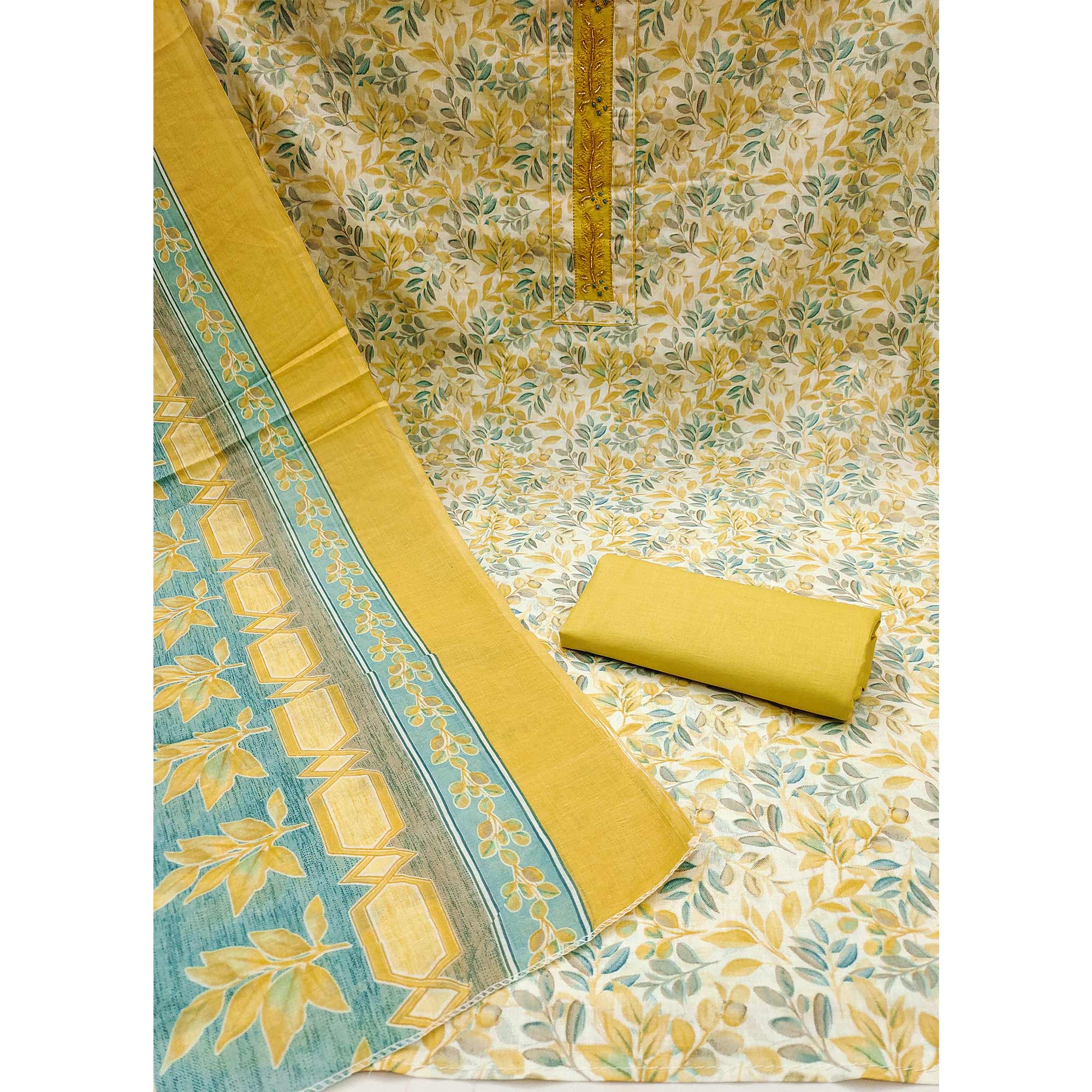 Yellow Floral Printed Pure Cotton Dress Material