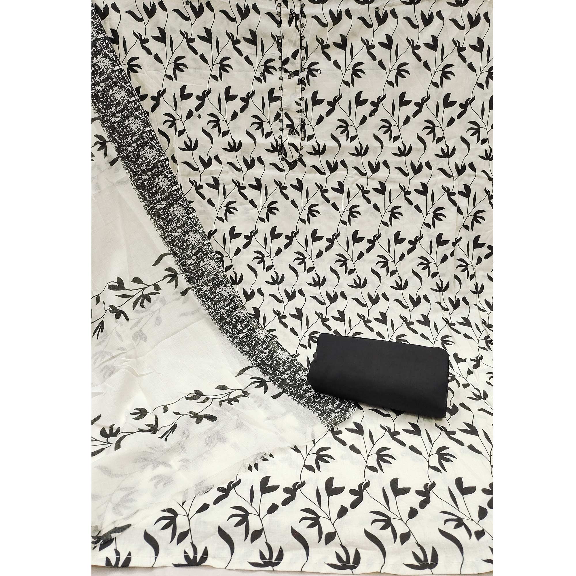 Cream & Black Floral Printed Pure Cotton Dress Material