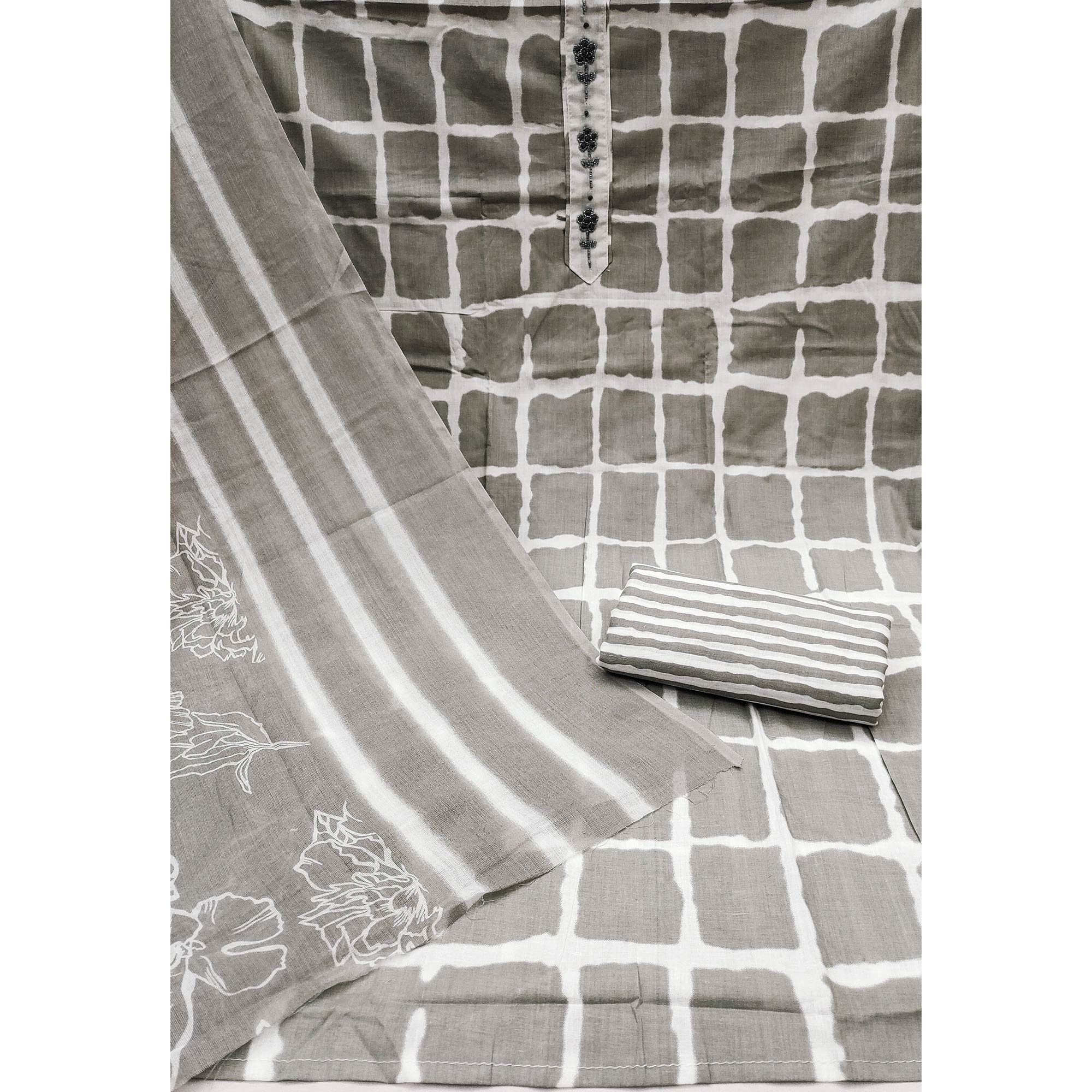 Grey Checks Printed Pure Cotton Dress Material