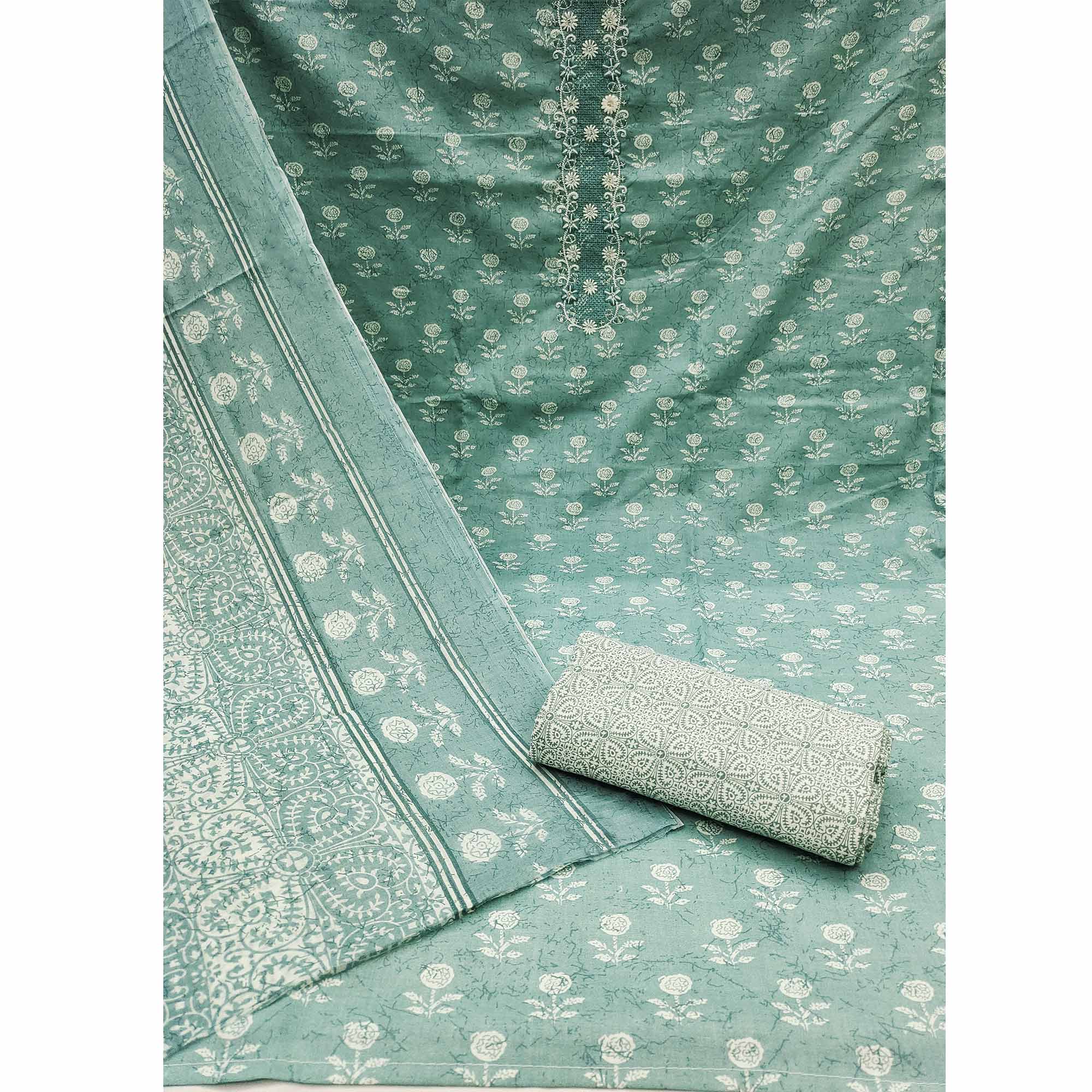 Turquoise Floral Printed Pure Cotton Dress Material