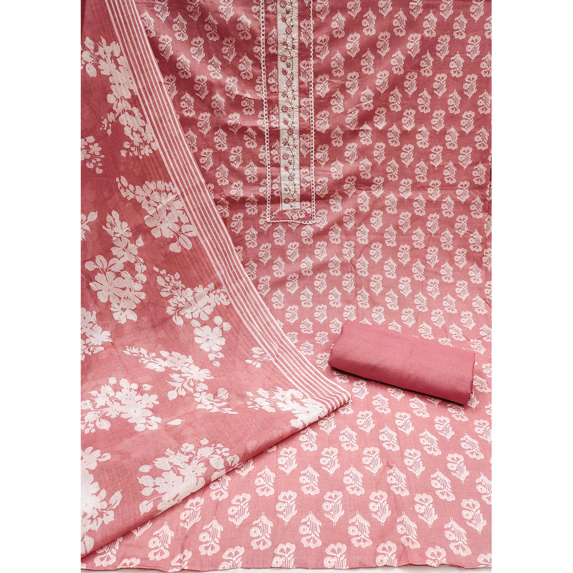 Salmon Pink Floral Printed Pure Cotton Dress Material