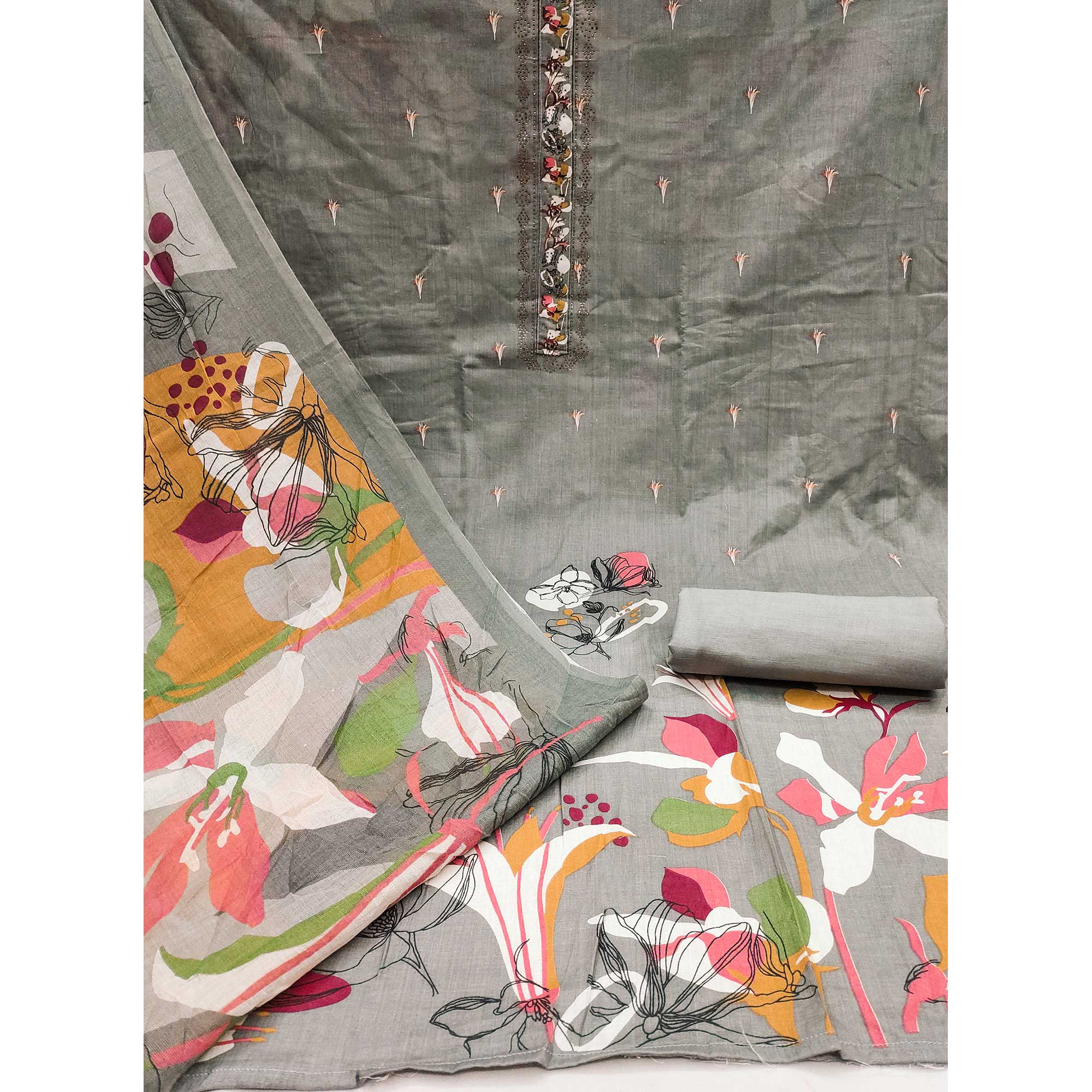 Grey Floral Printed Pure Cotton Dress Material