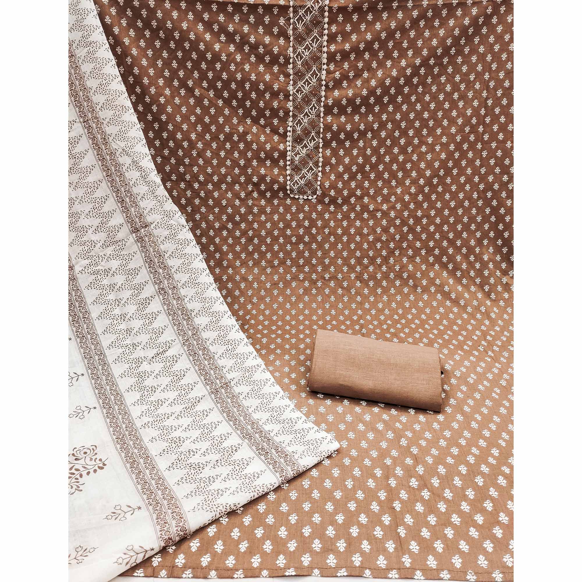 Brown Floral Printed Pure Cotton Dress Material