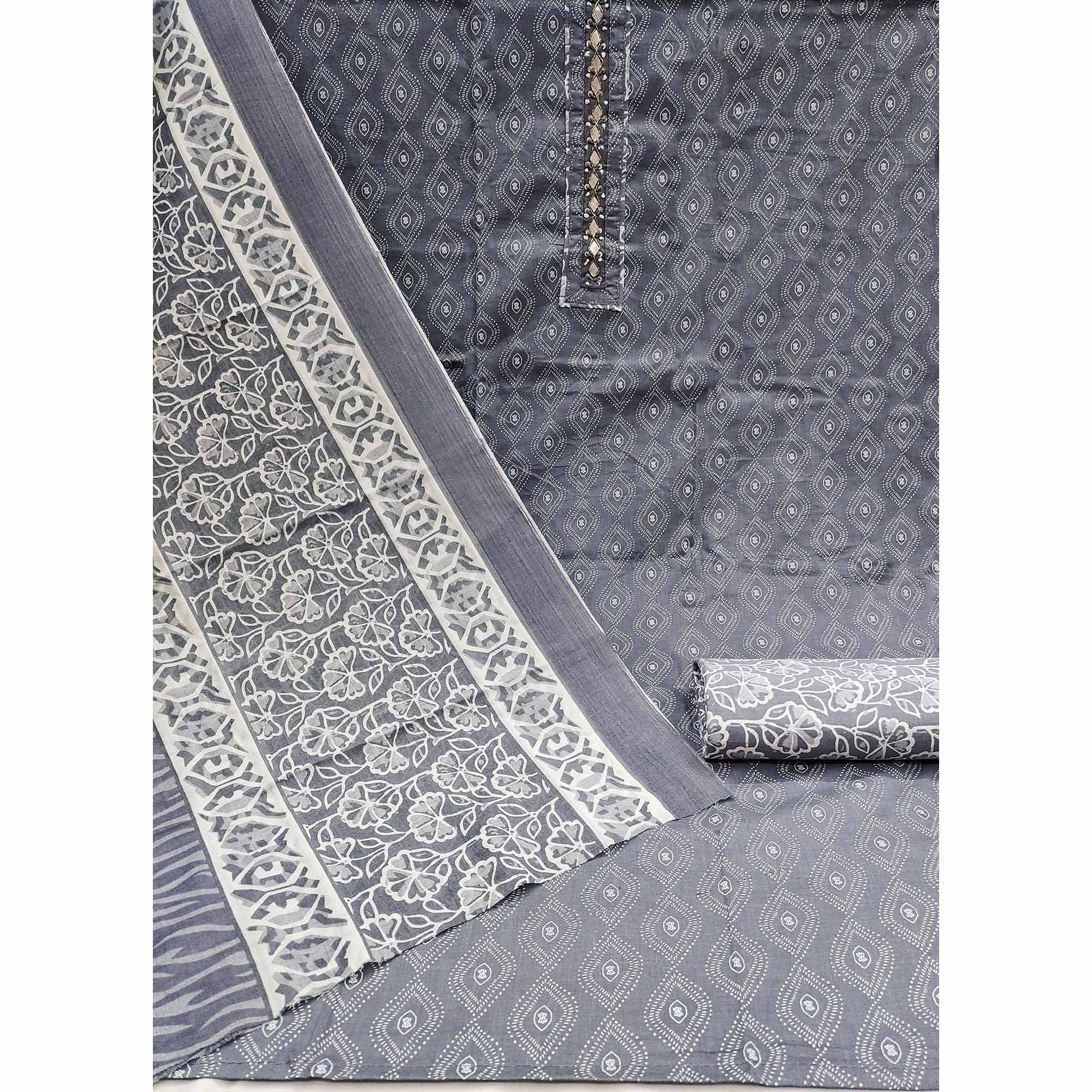 Grey Floral Printed Pure Cotton Dress Material