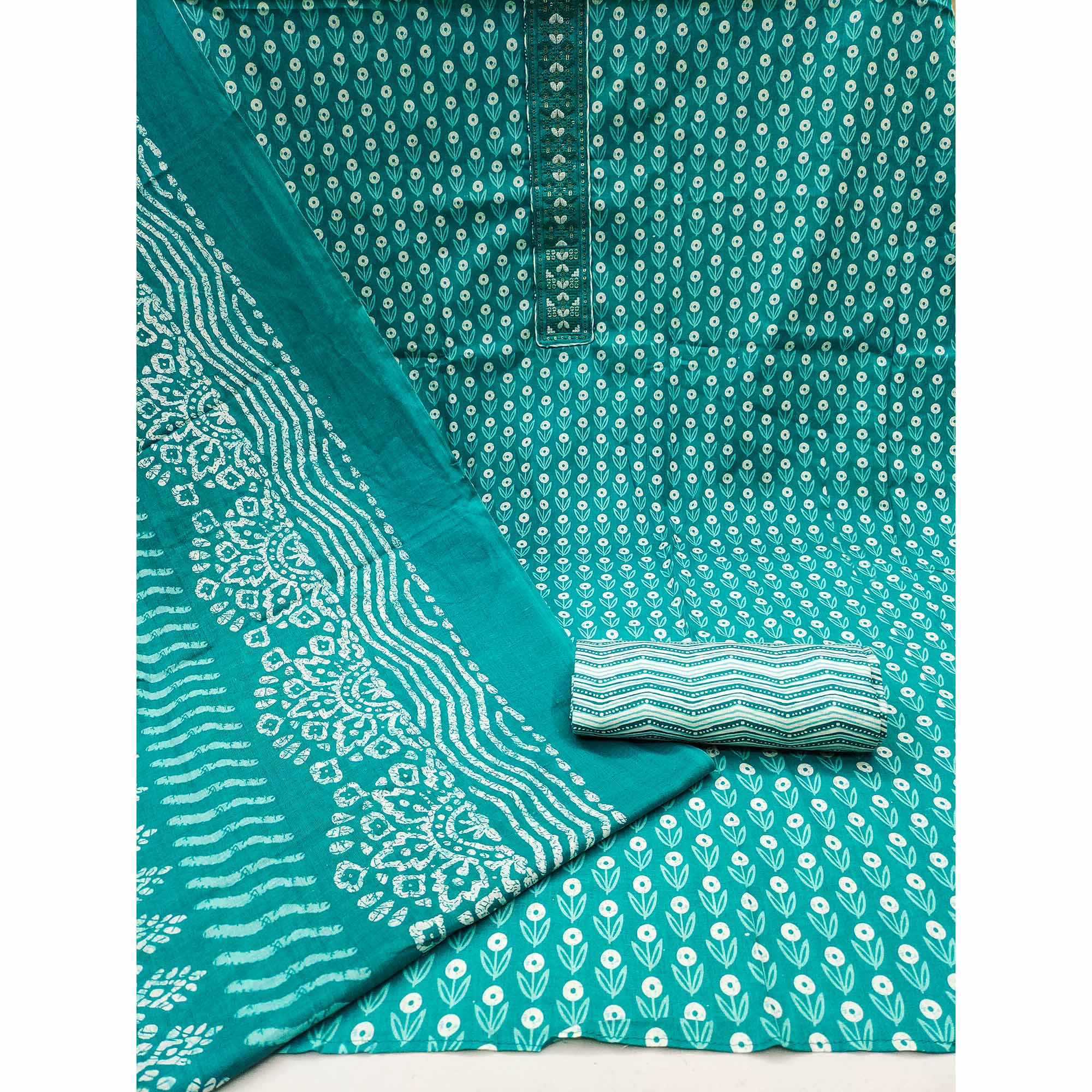 Turquoise Floral Printed Pure Cotton Dress Material
