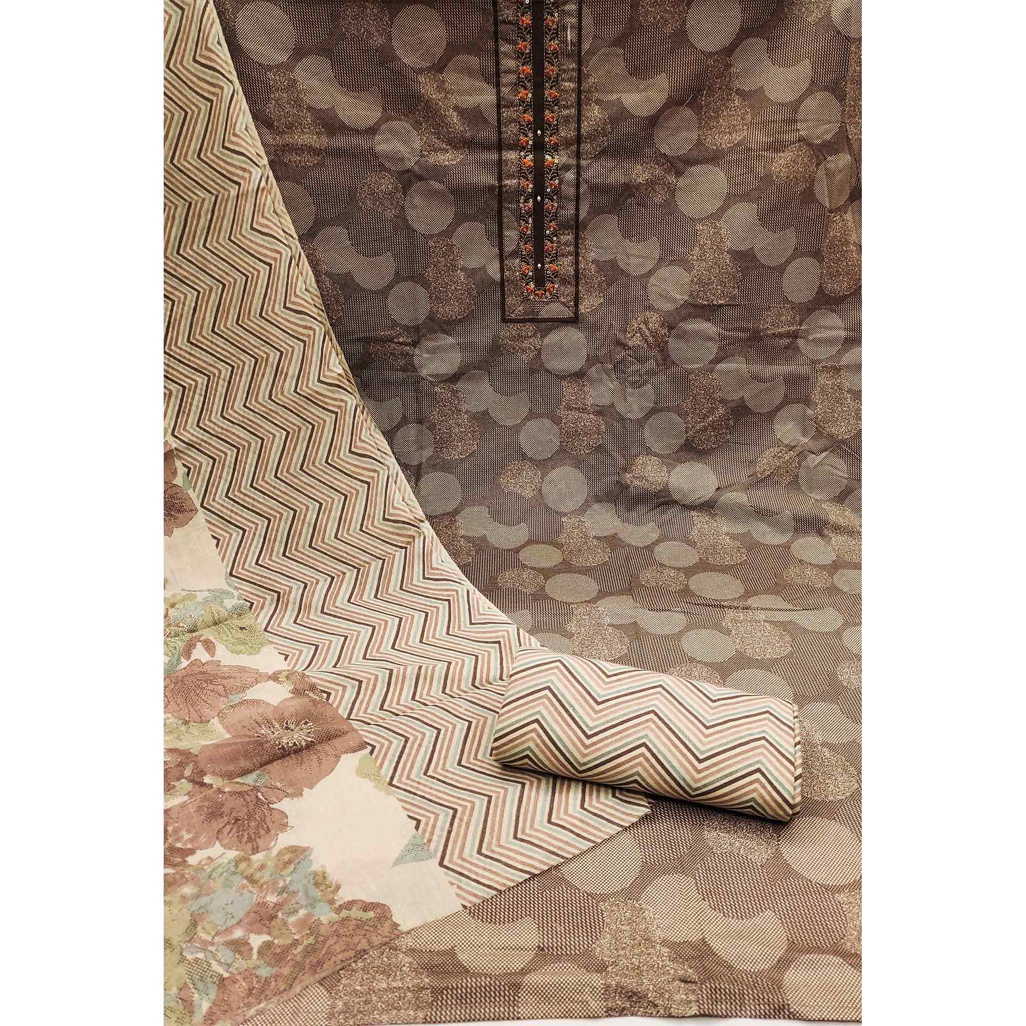 Brown Printed Pure Cotton Dress Material