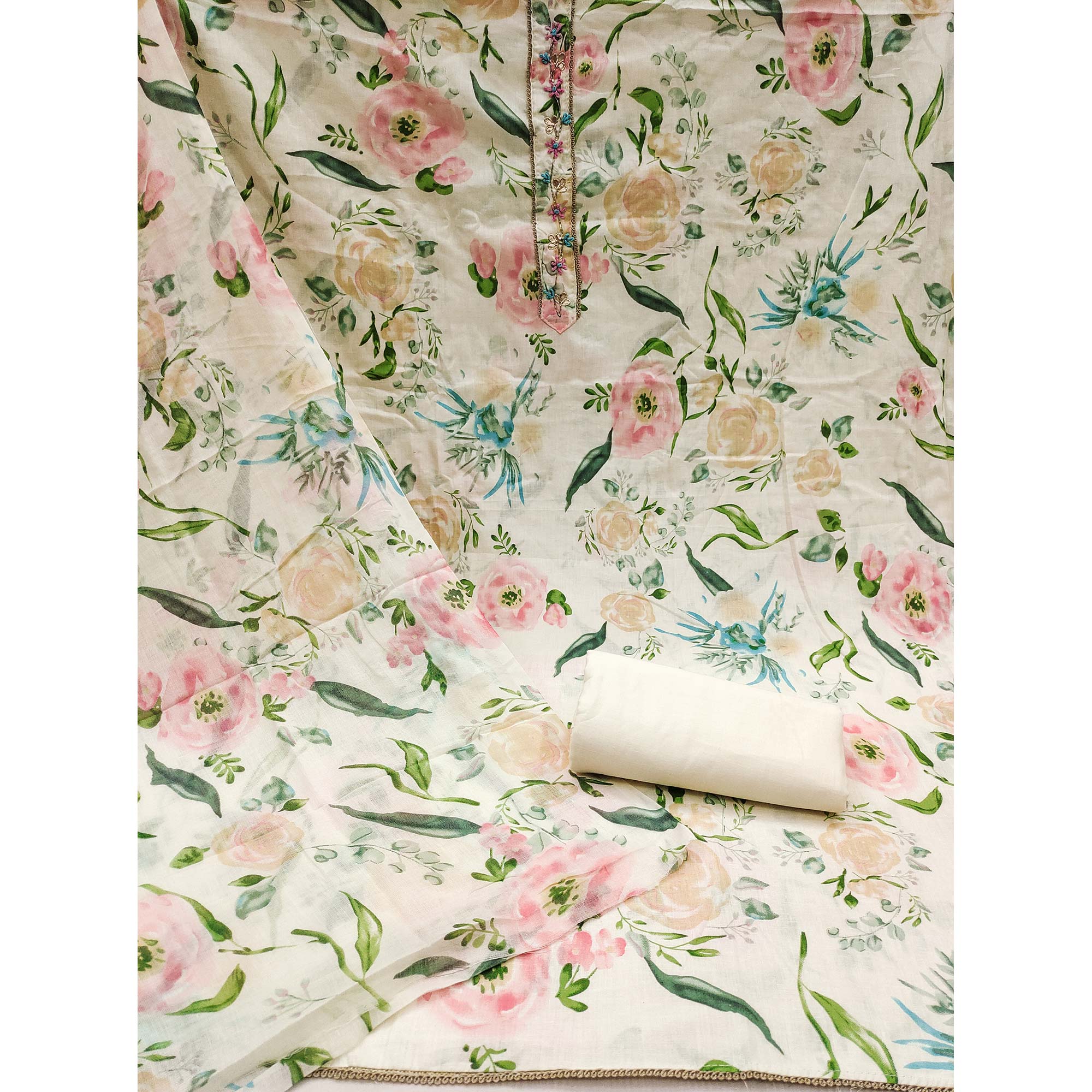 Cream Floral Printed Pure Cotton Dress Material