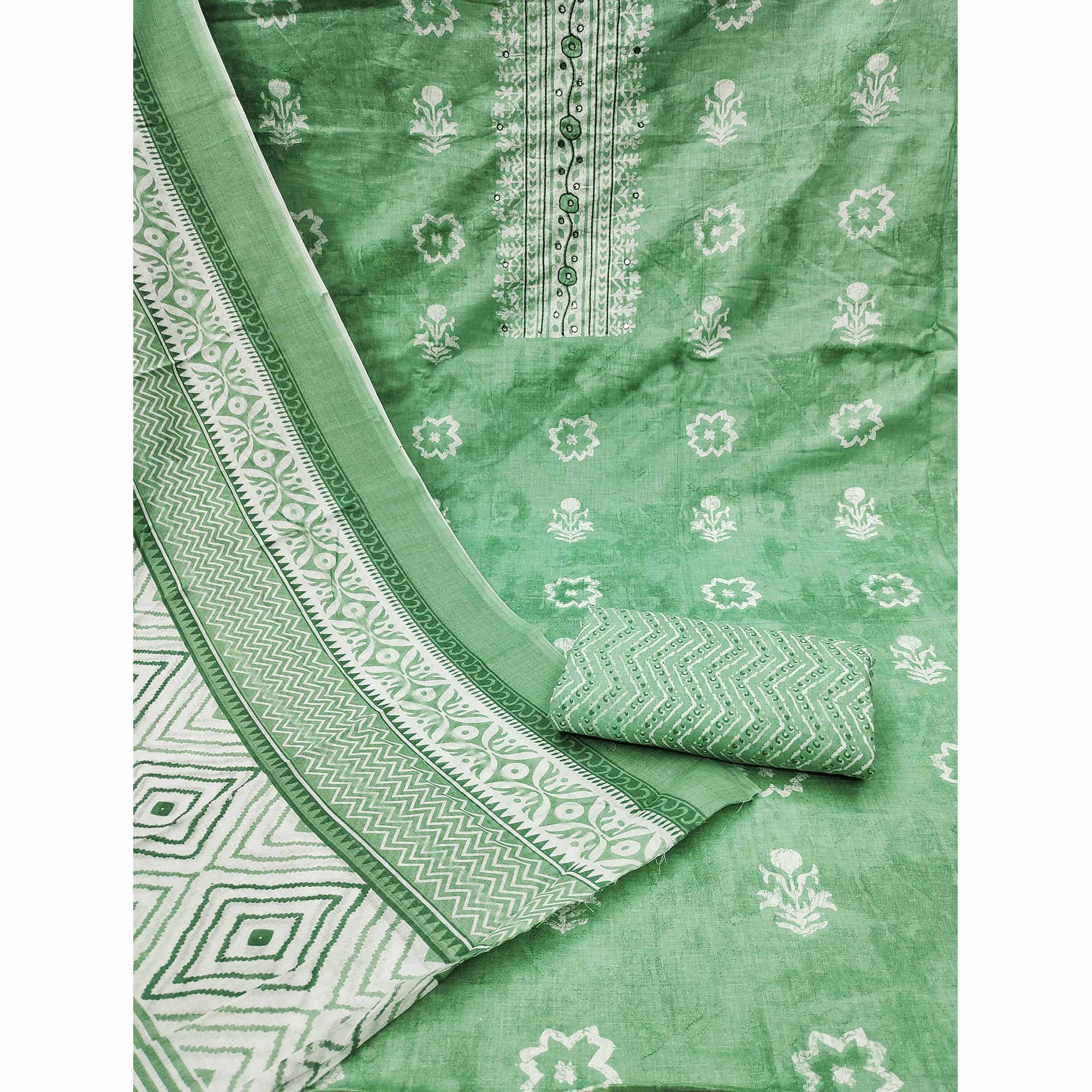 Green Printed With Embroidery Pure Cotton Dress Material