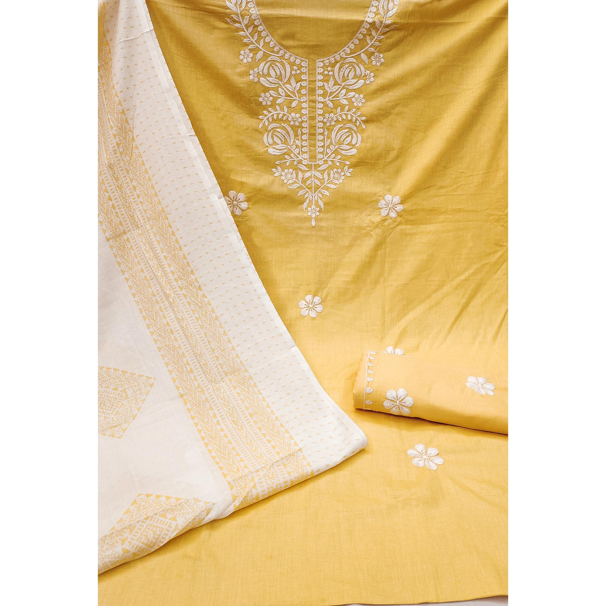 Yellow Floral Embroidered Pure Cotton Dress Material