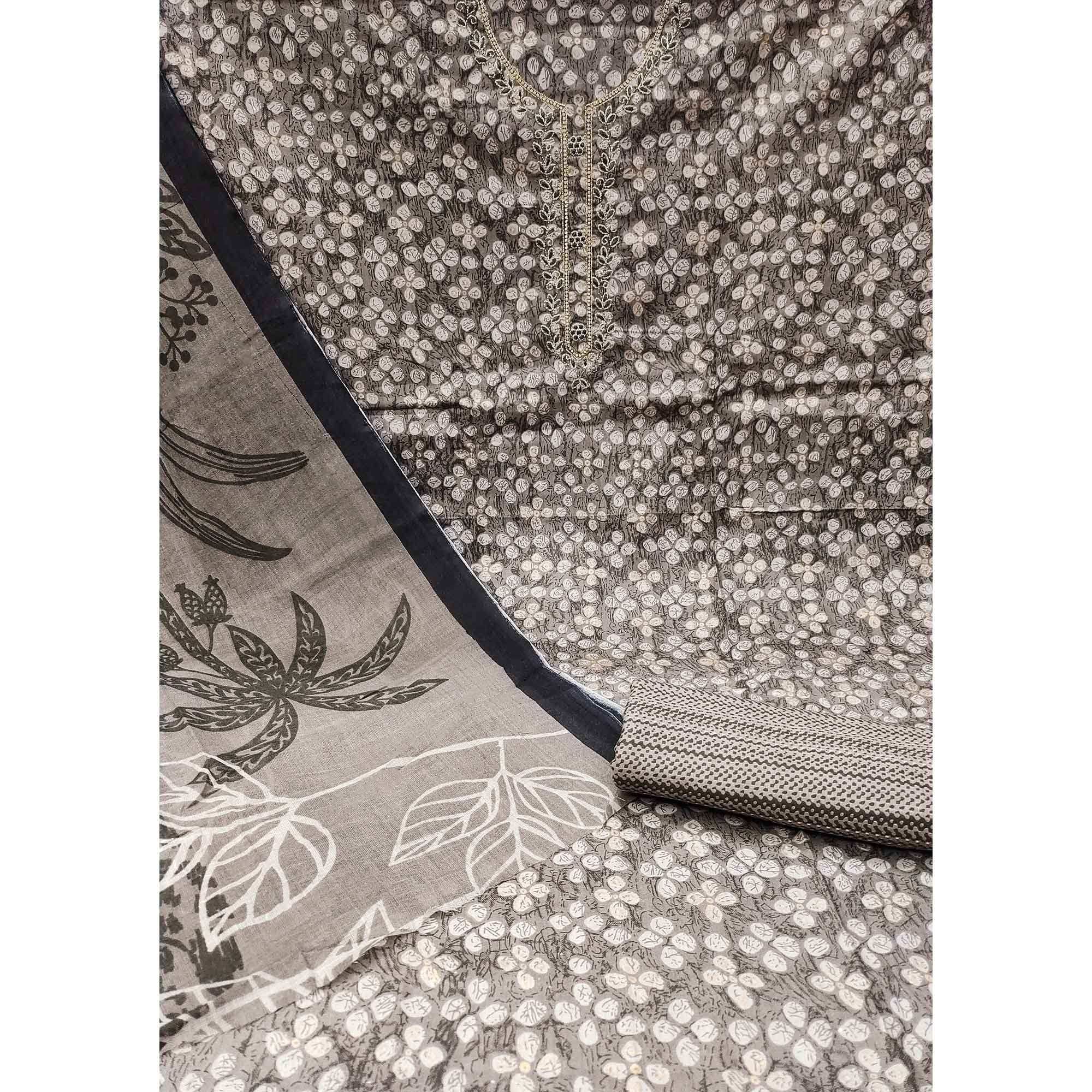 Grey Floral Printed Pure Cotton Dress Material