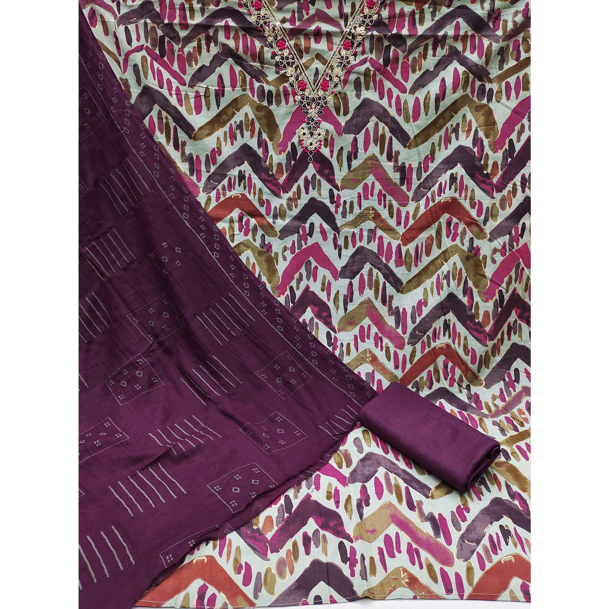 Purple Printed With Embroidered Pure Cotton Dress Material