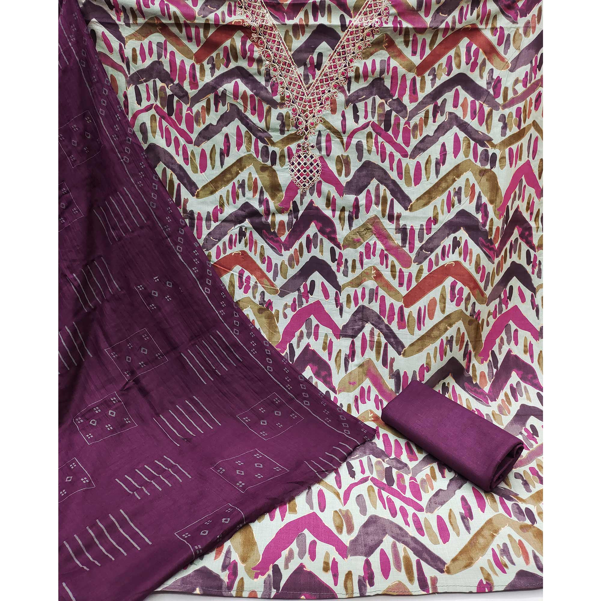 Purple Printed With Embroidered Pure Cotton Dress Material