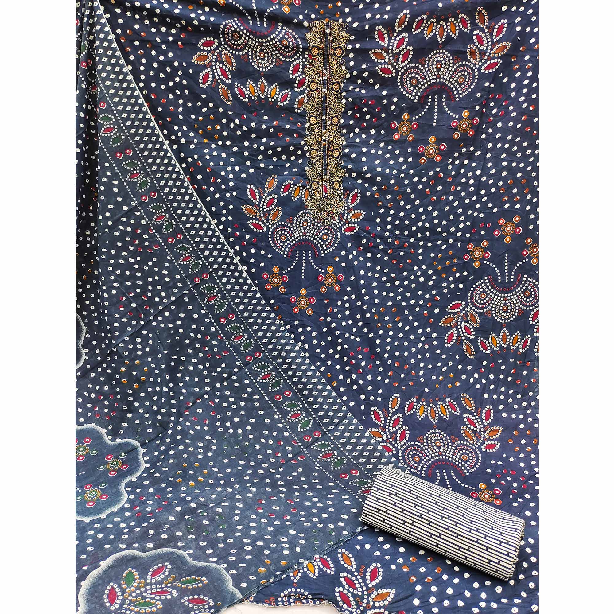Blue Bandhani Printed With Embroidered Pure Cotton Dress Material