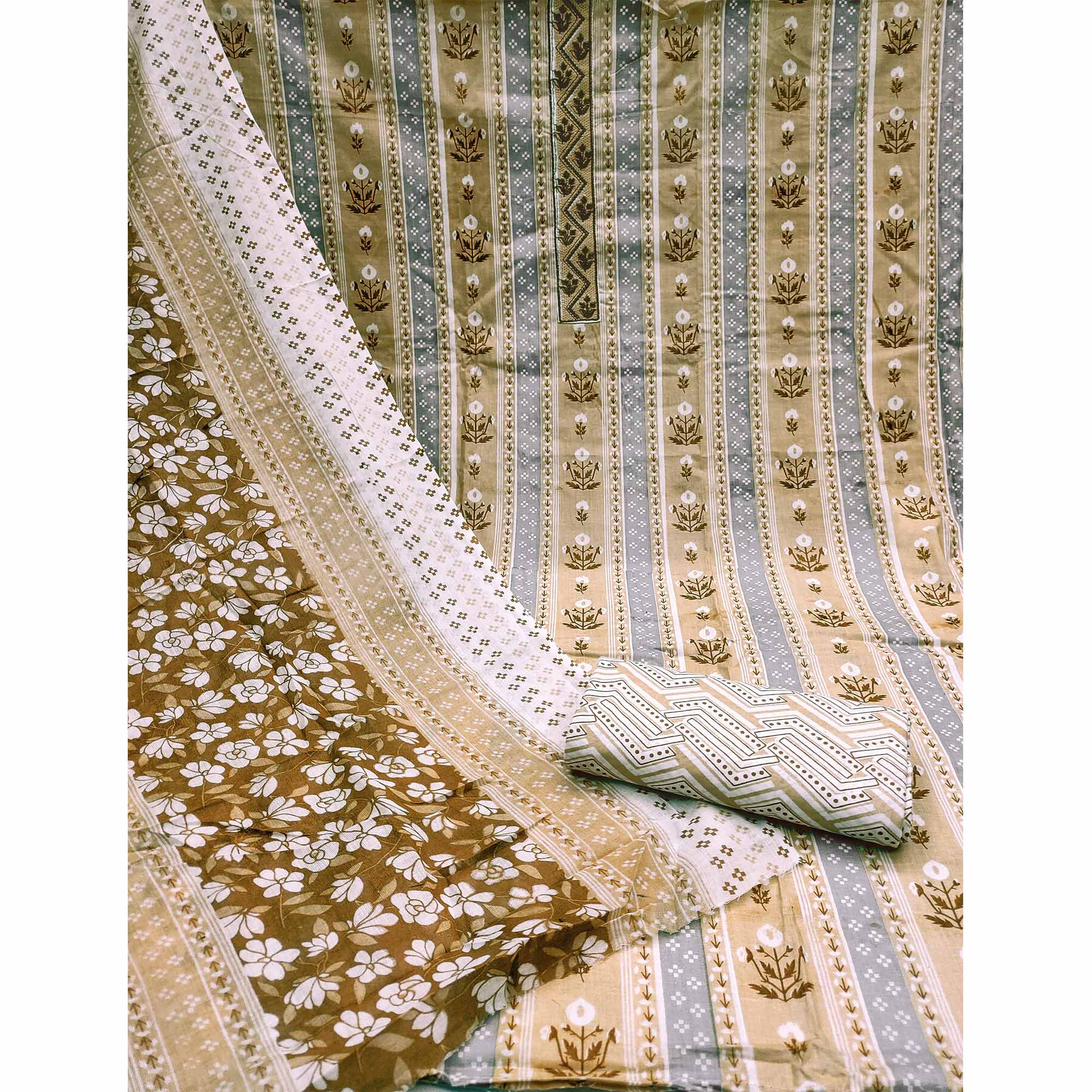 Beige Floral Printed Pure Cotton Dress Material