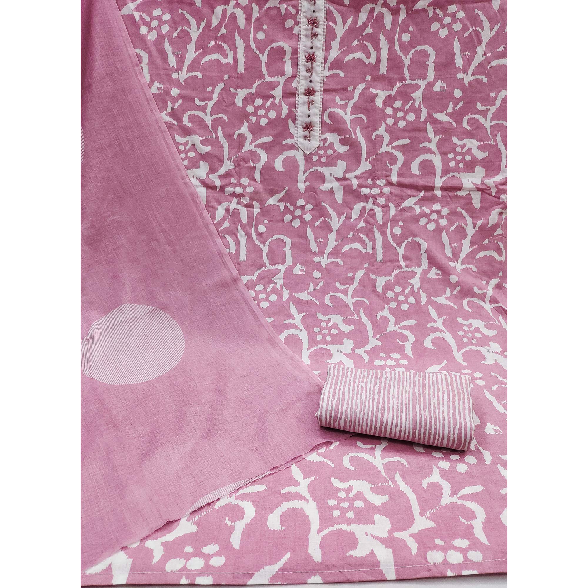 Pink Printed With Handwork Pure Cotton Dress Material
