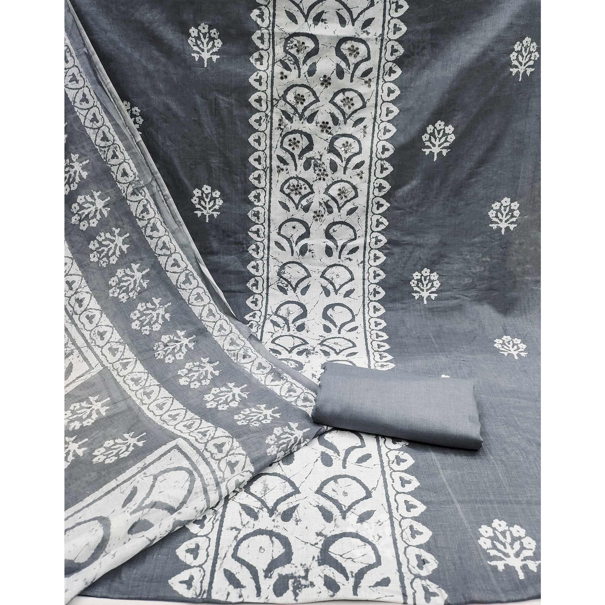 Grey Printed Pure Cotton Dress Material