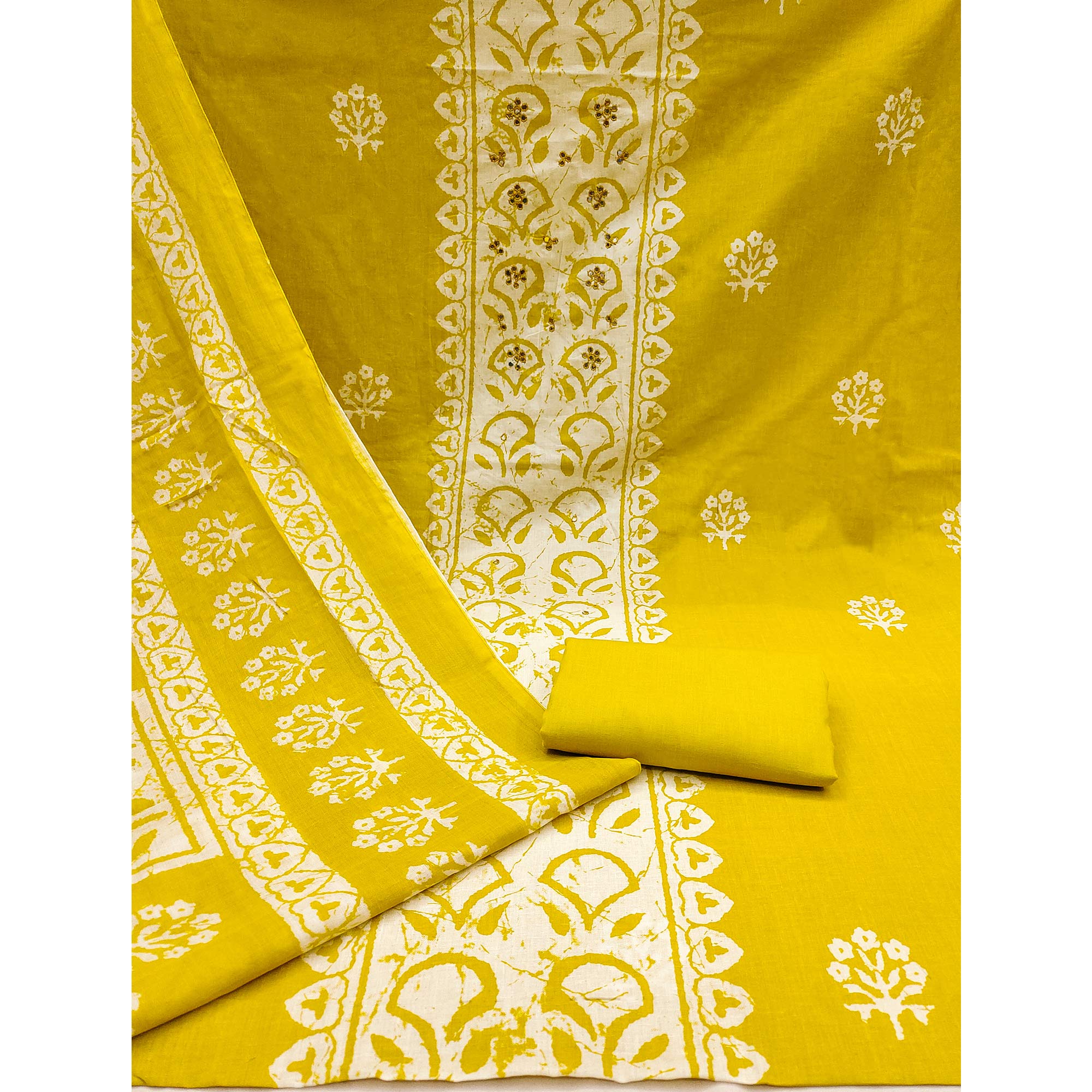 Mustard Printed Pure Cotton Dress Material