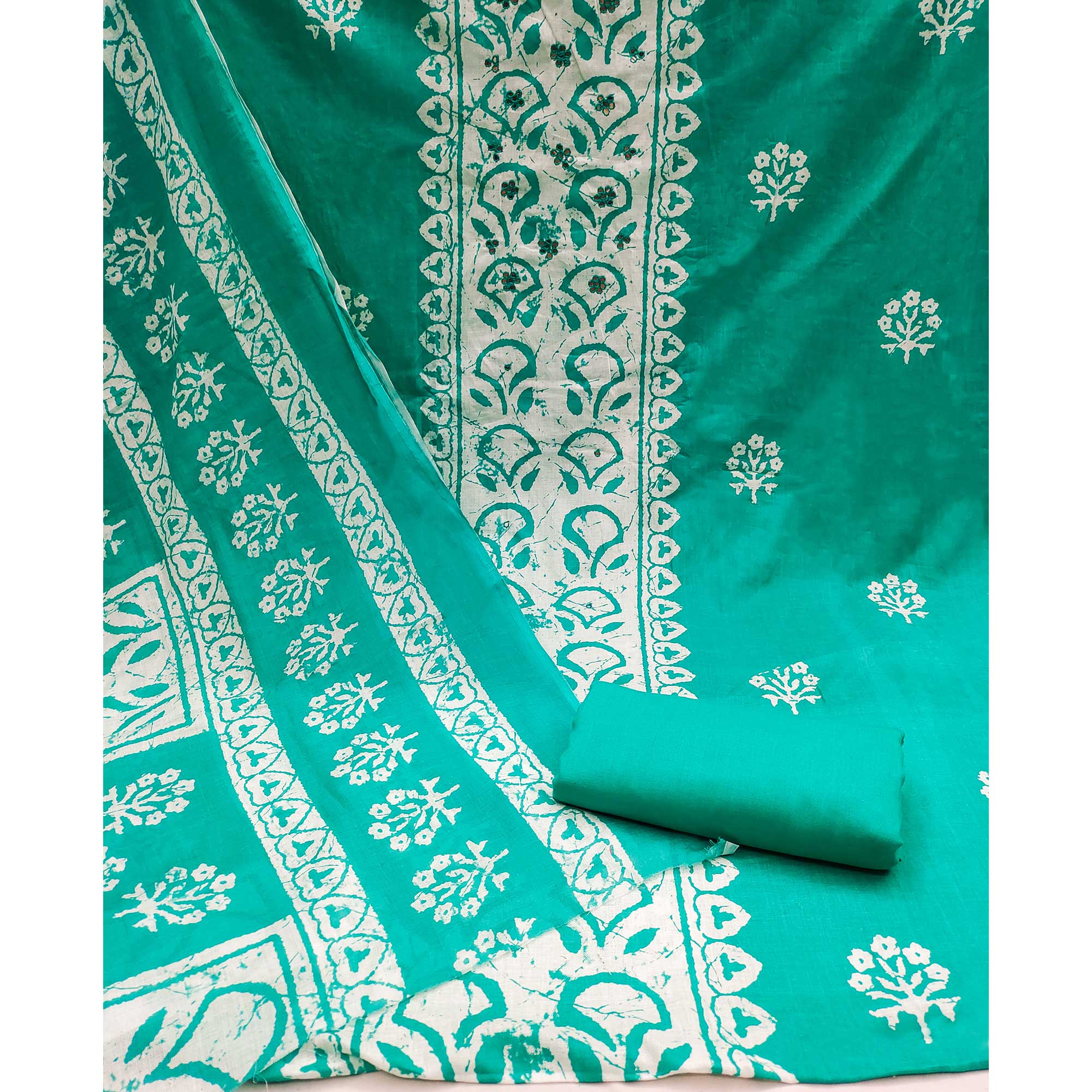 Turquoise Printed Pure Cotton Dress Material
