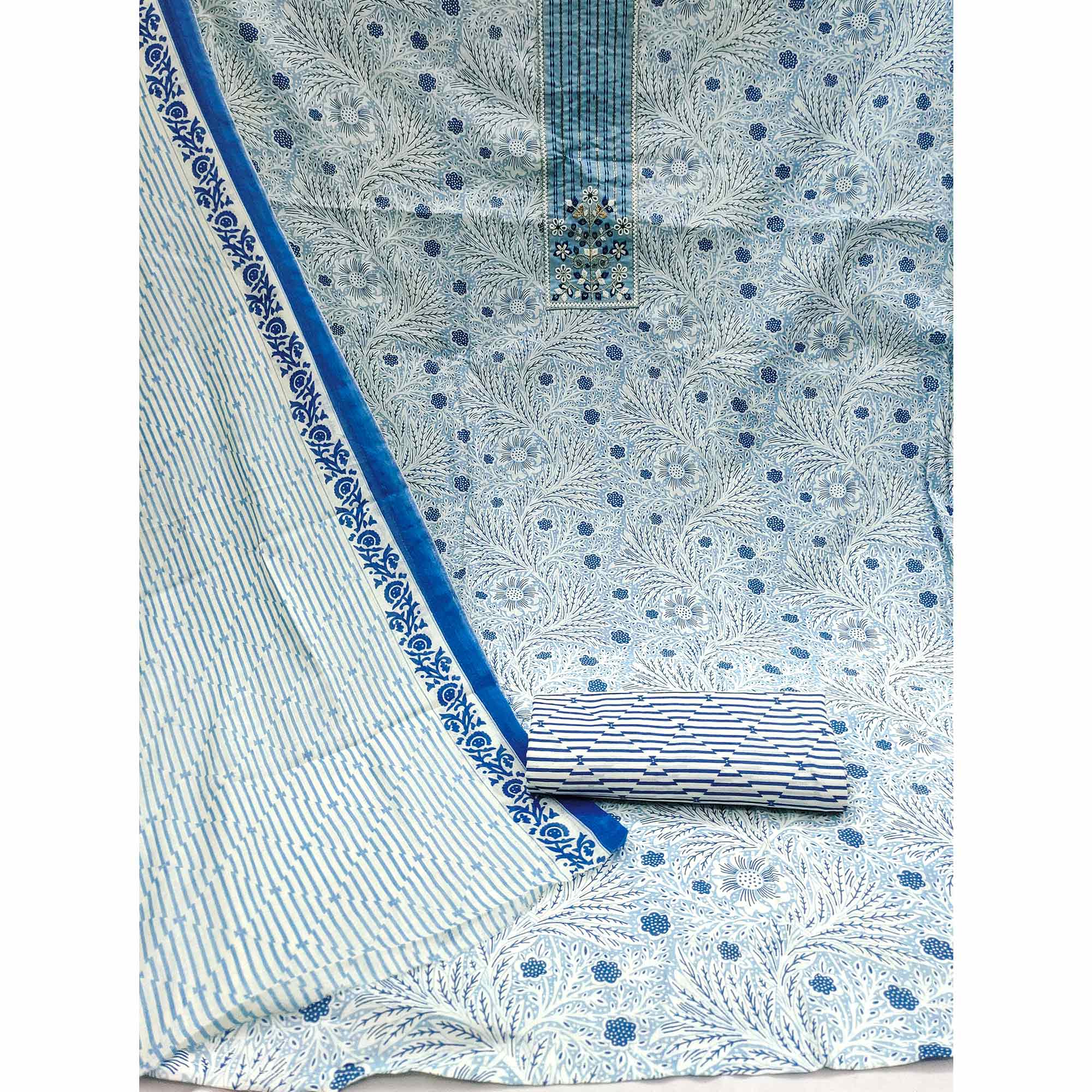 Blue Floral Printed With Embroidery Pure Cotton Dress Material