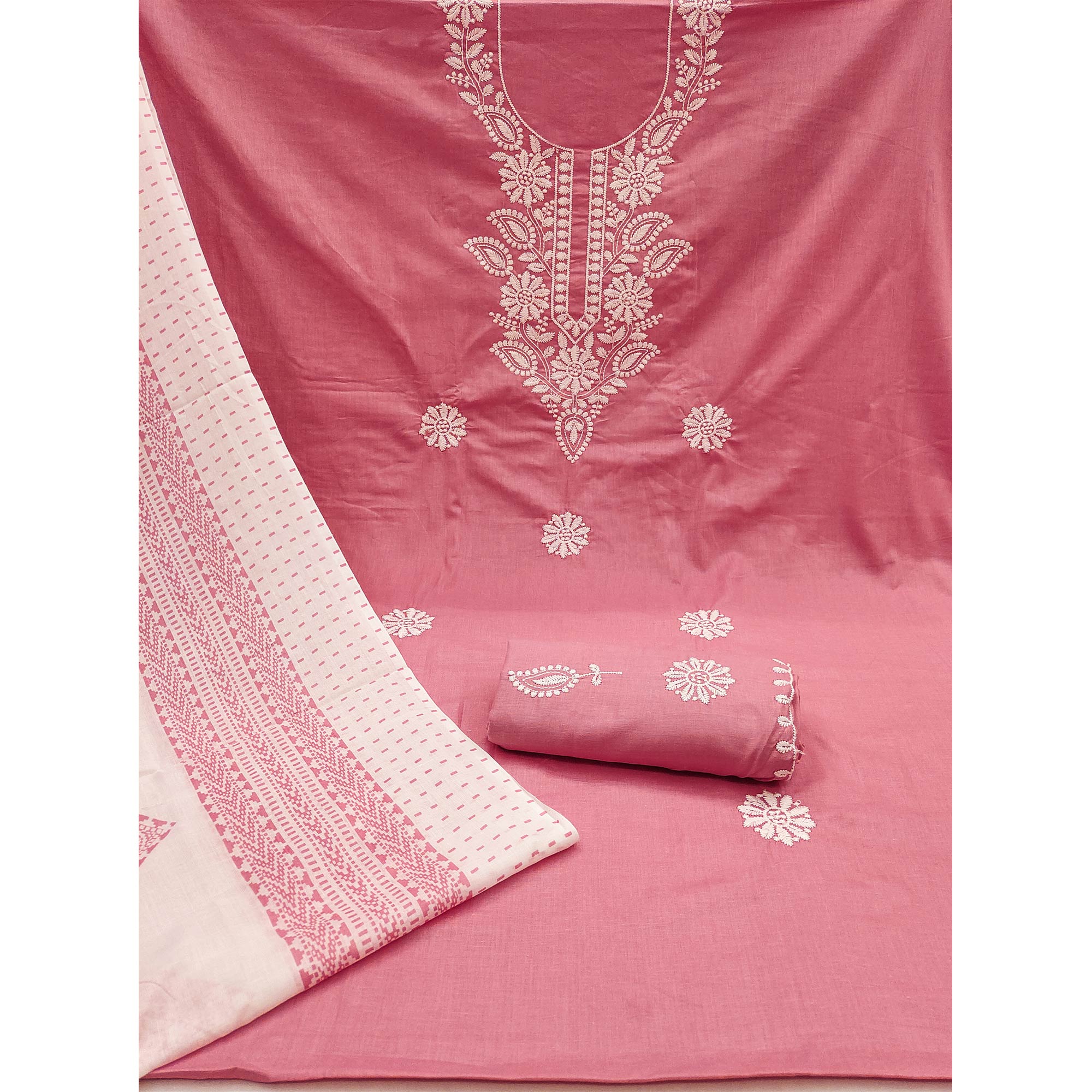Pink Floral Embroidered Pure Cotton Dress Material