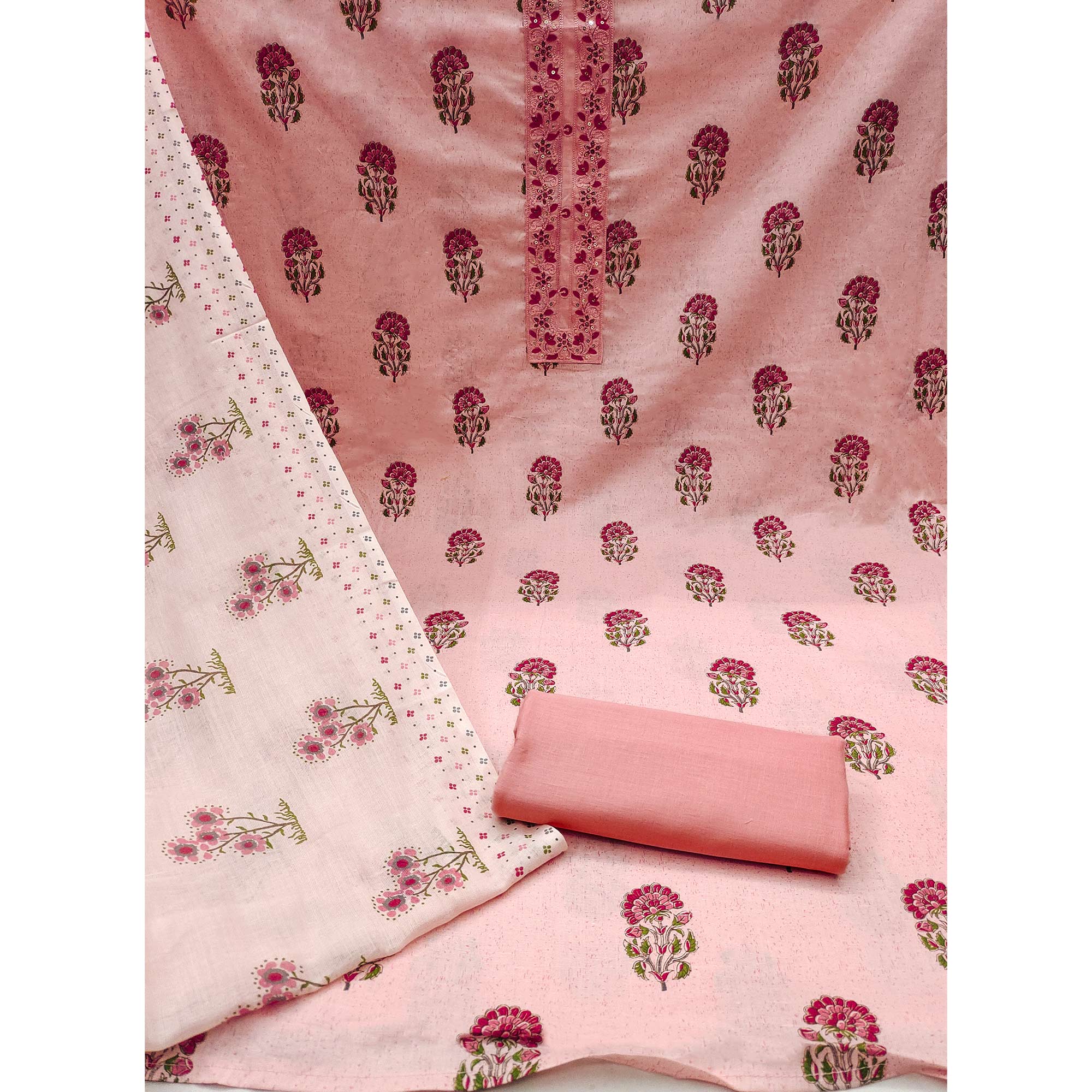 Pink Floral Printed With Embroidery Pure Cotton Dress Material