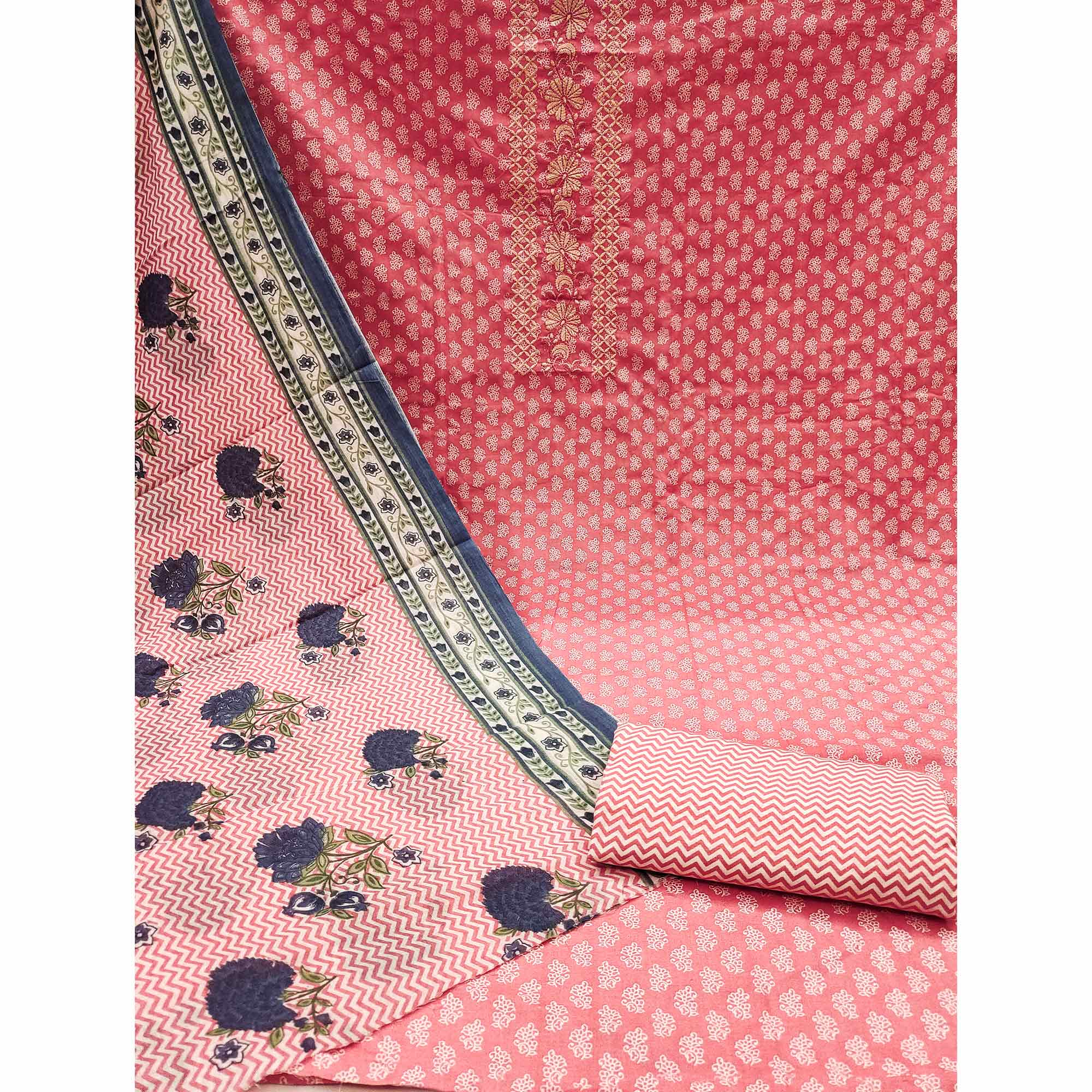 Pink Floral Printed With Embroidery Pure Cotton Dress Material