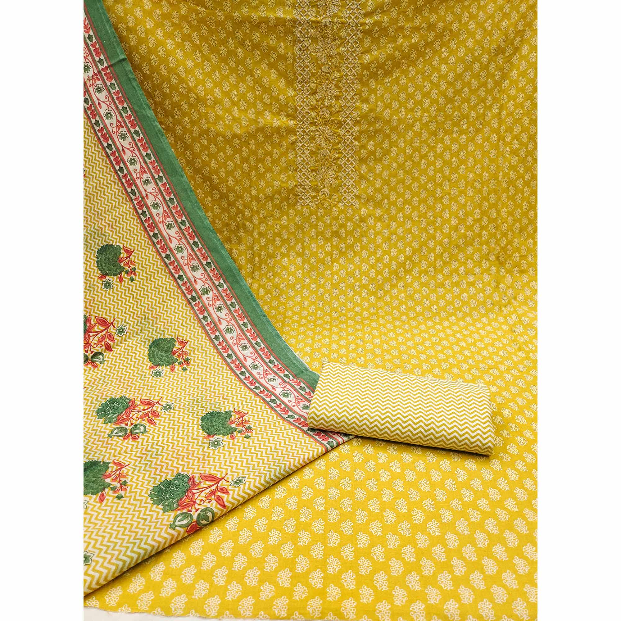 Yellow Floral Printed With Embroidery Pure Cotton Dress Material