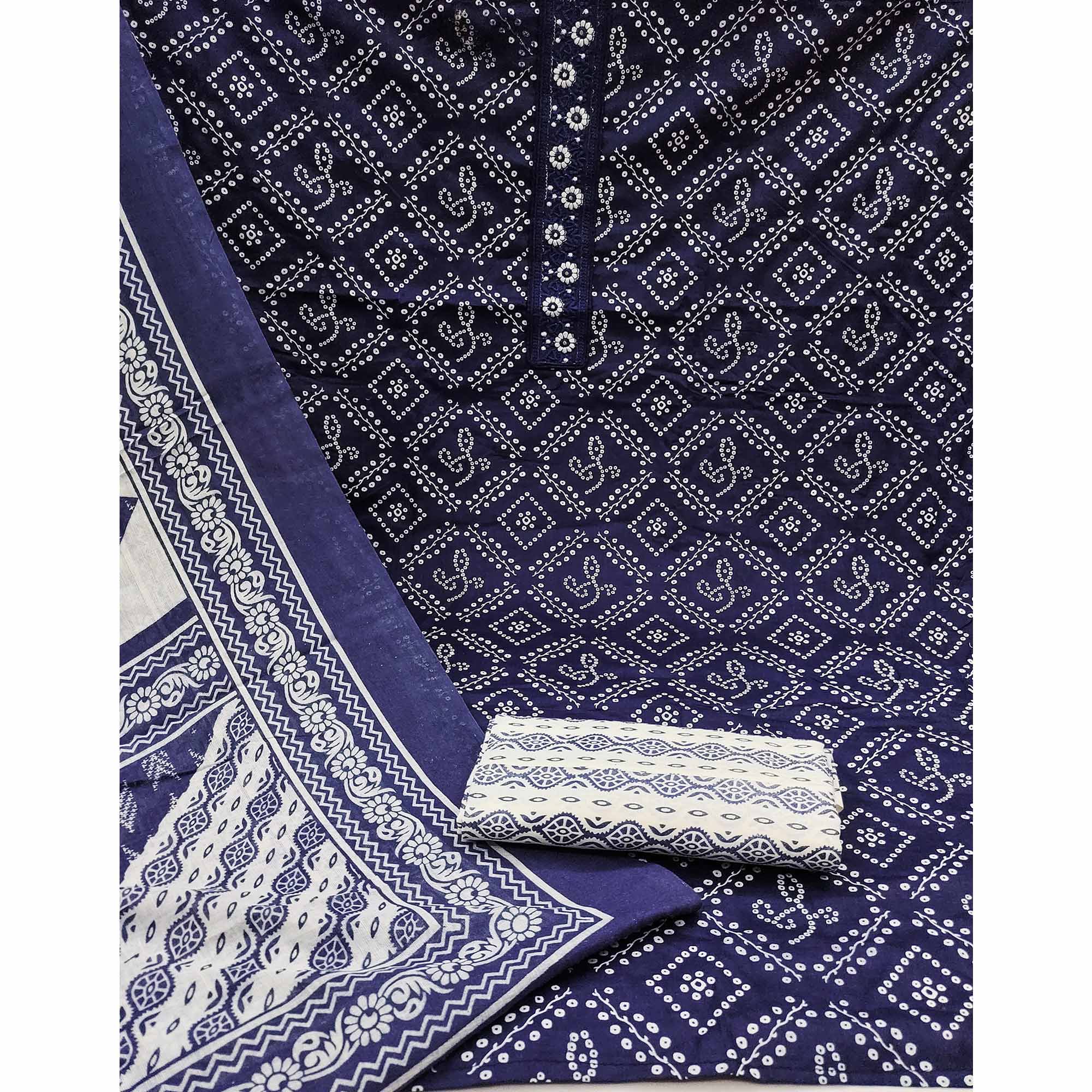 Navy Blue Bandhani Printed With Embroidery Pure Cotton Dress Material