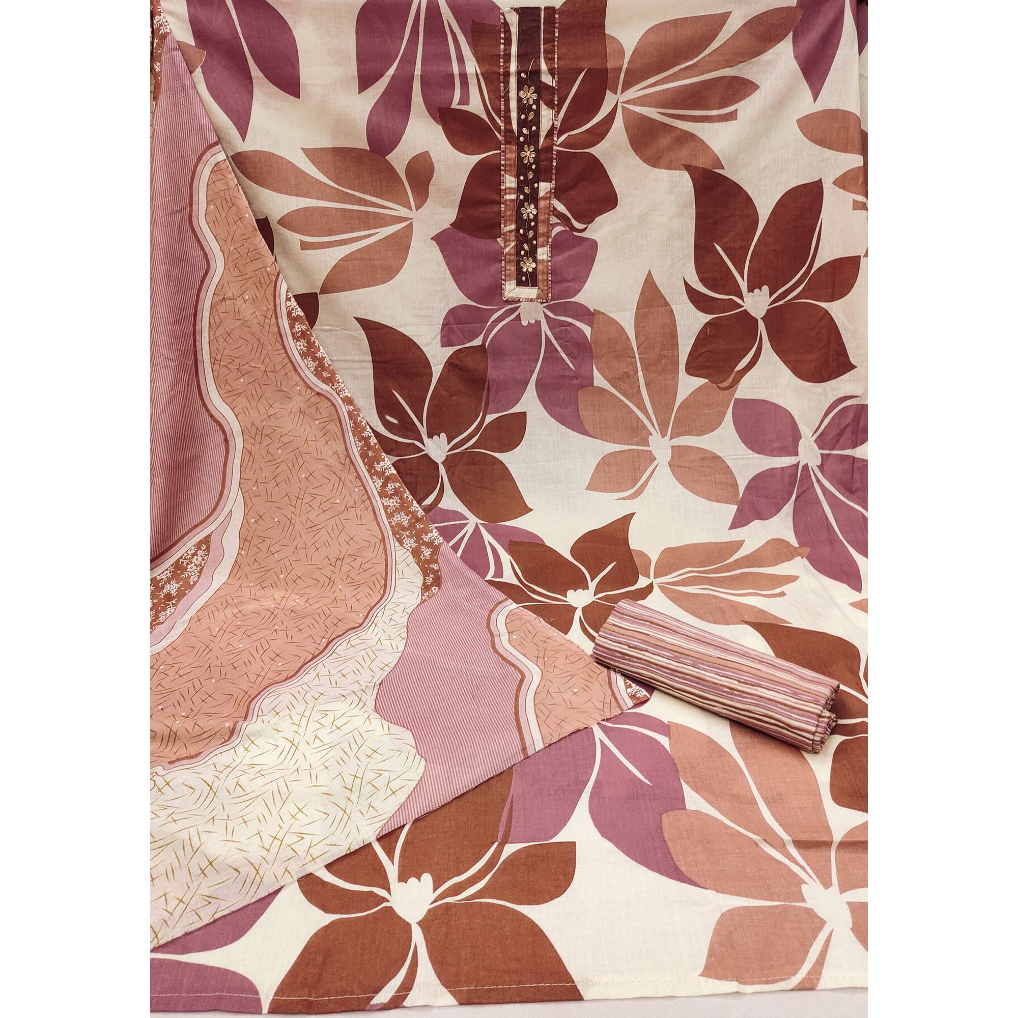 Brown Floral Printed Pure Cotton Dress Material