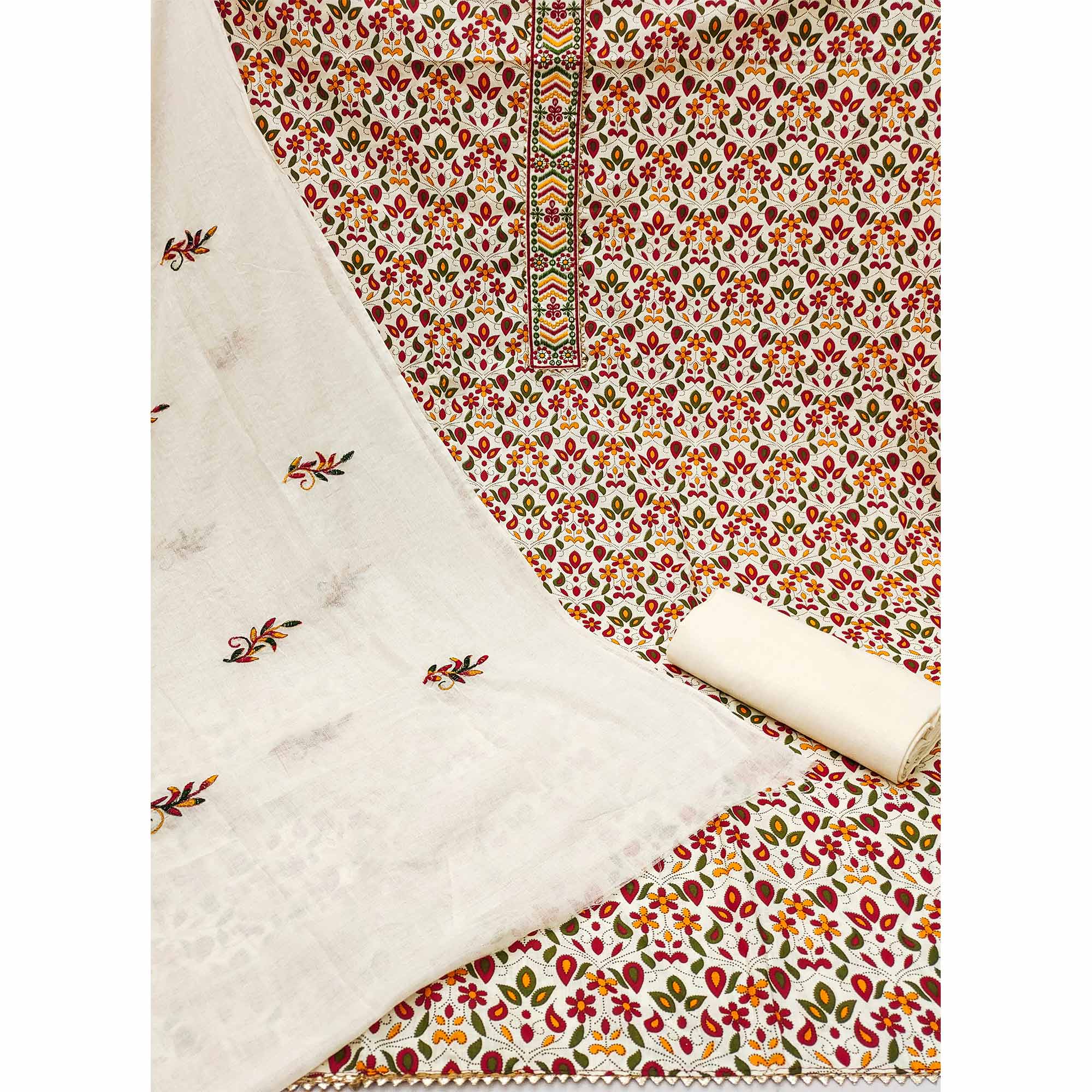 Off White Printed Pure Cotton Dress Material With Embroidery Work