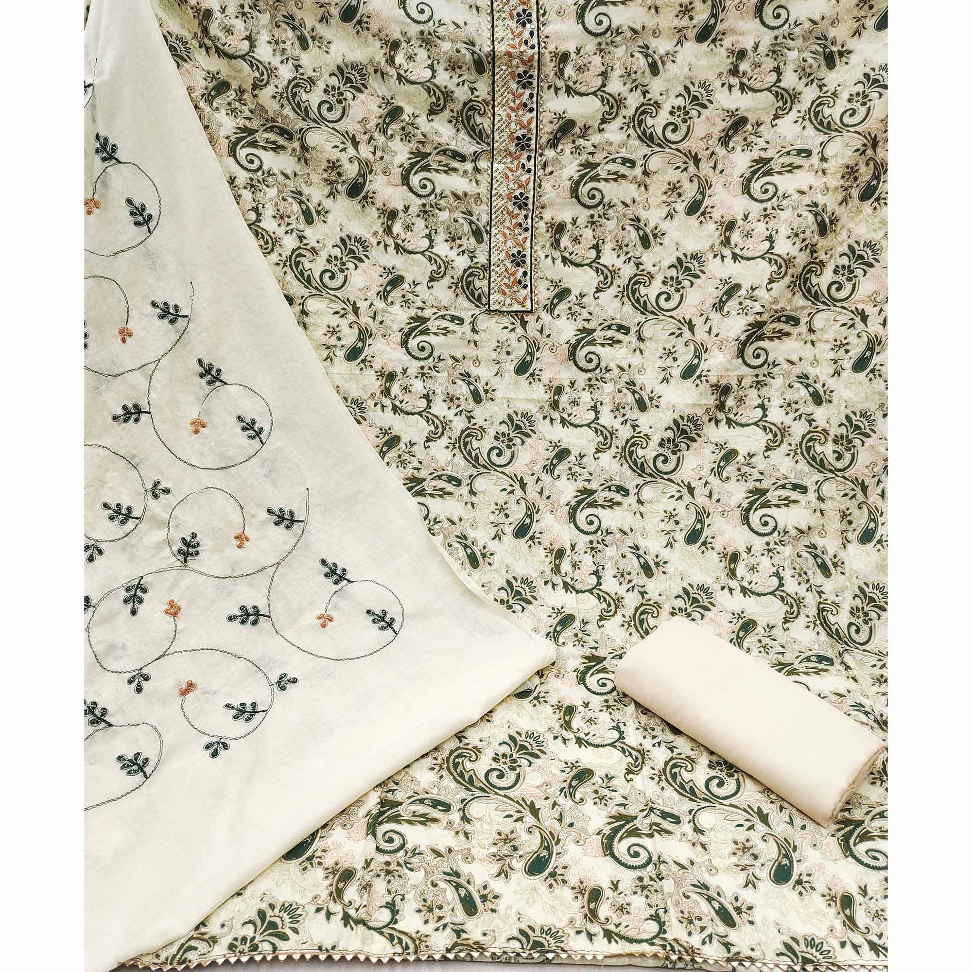 Cream & Green Floral Printed Pure Cotton Dress Material