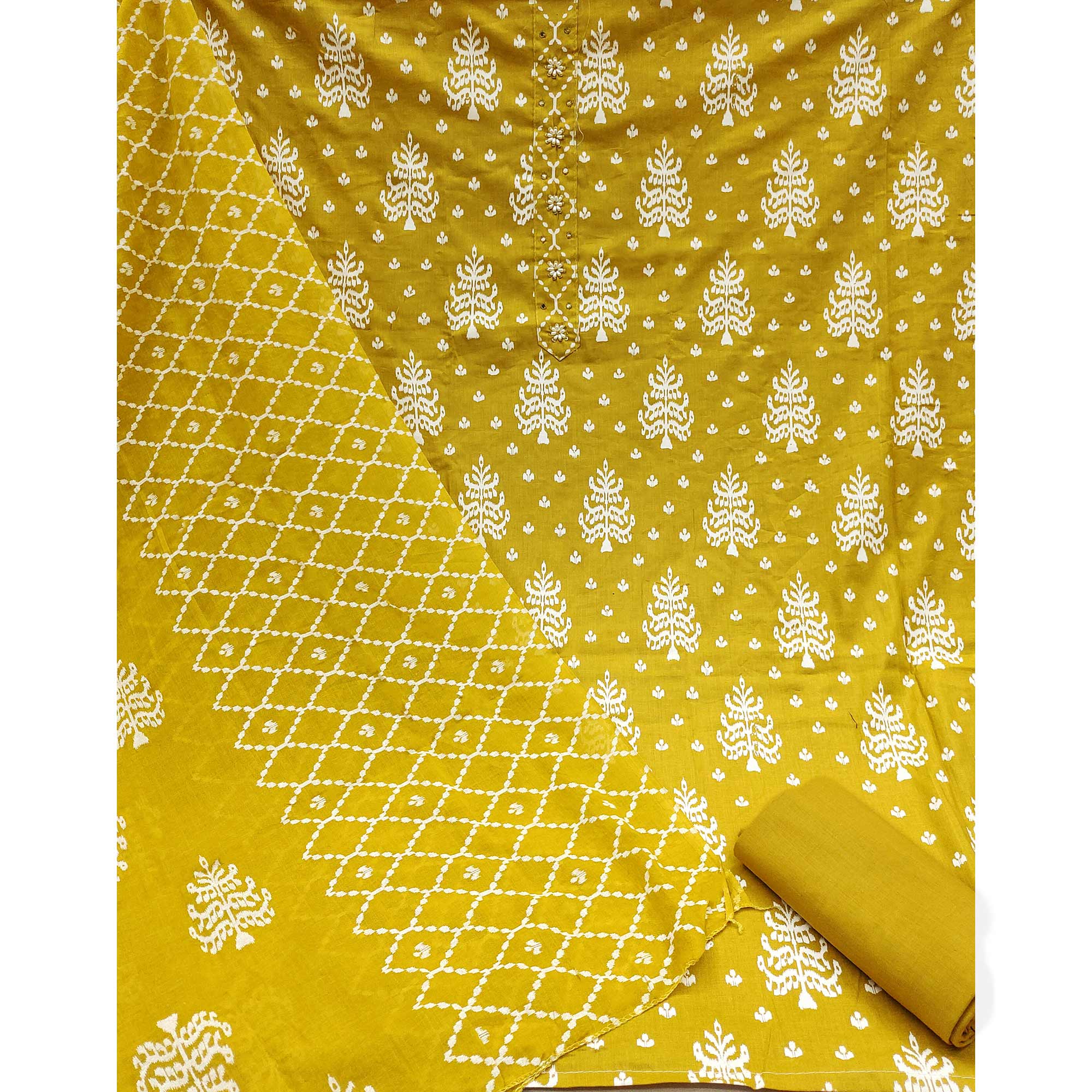 Mustard Floral Printed Pure Cotton Dress Material