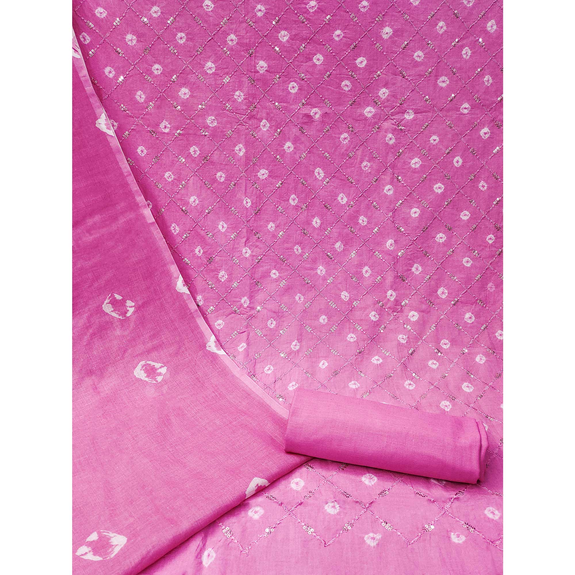 Pink Bandhani Printed With Embroidered Pure Cotton Dress Material