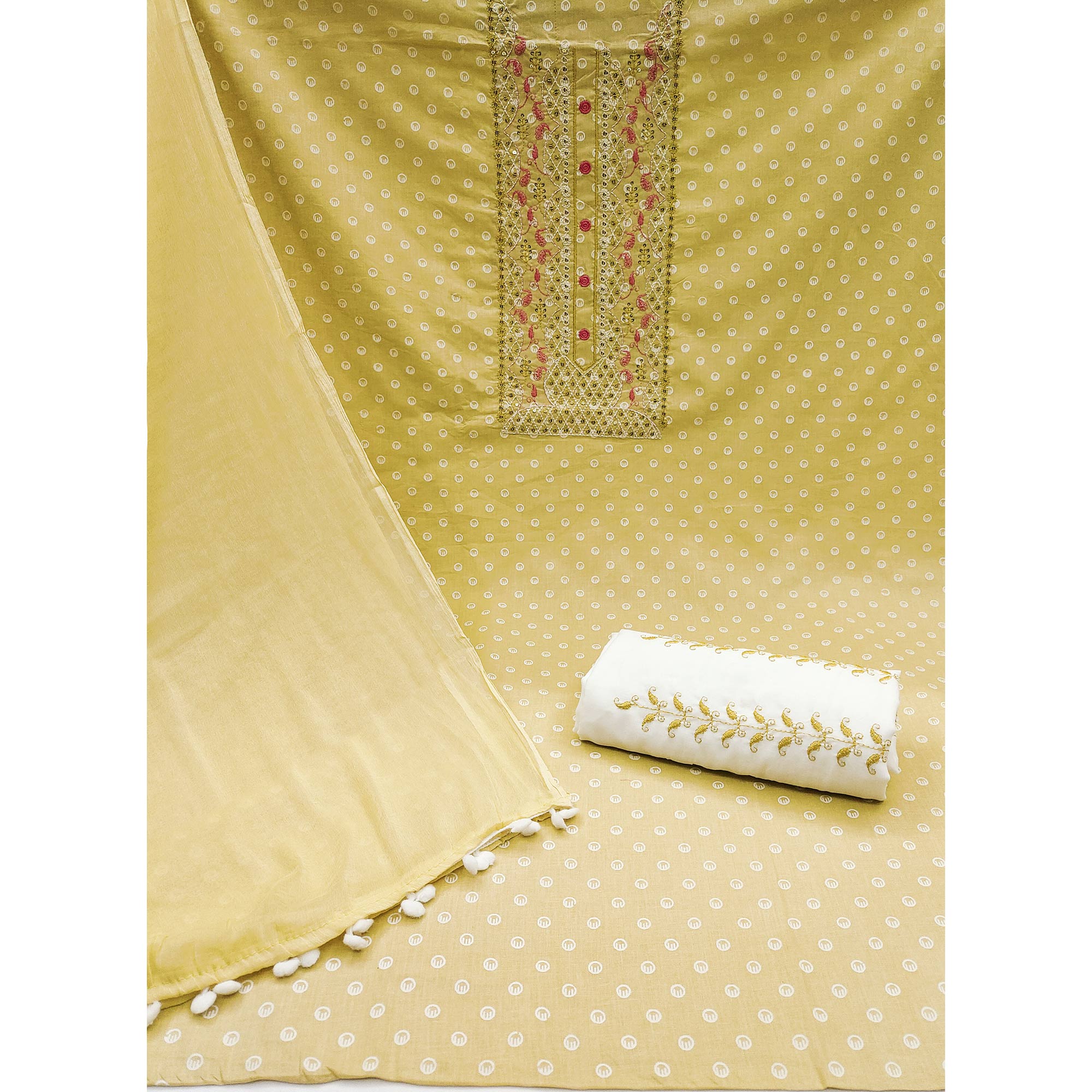 Yellow Geometric Printed With Embroidered Pure Cotton Dress Material