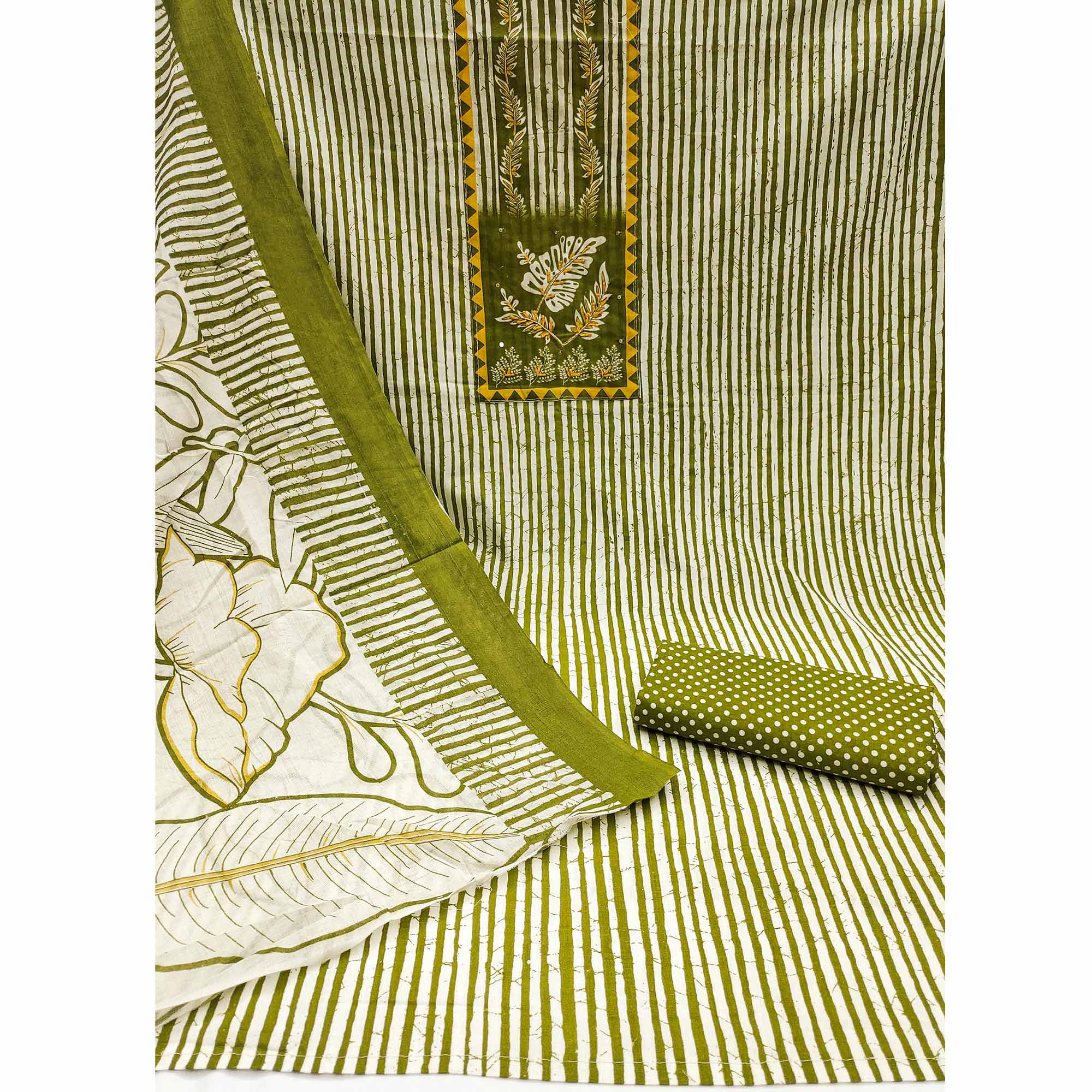 Green Striped Printed With Embroidered Pure Cotton Dress Material