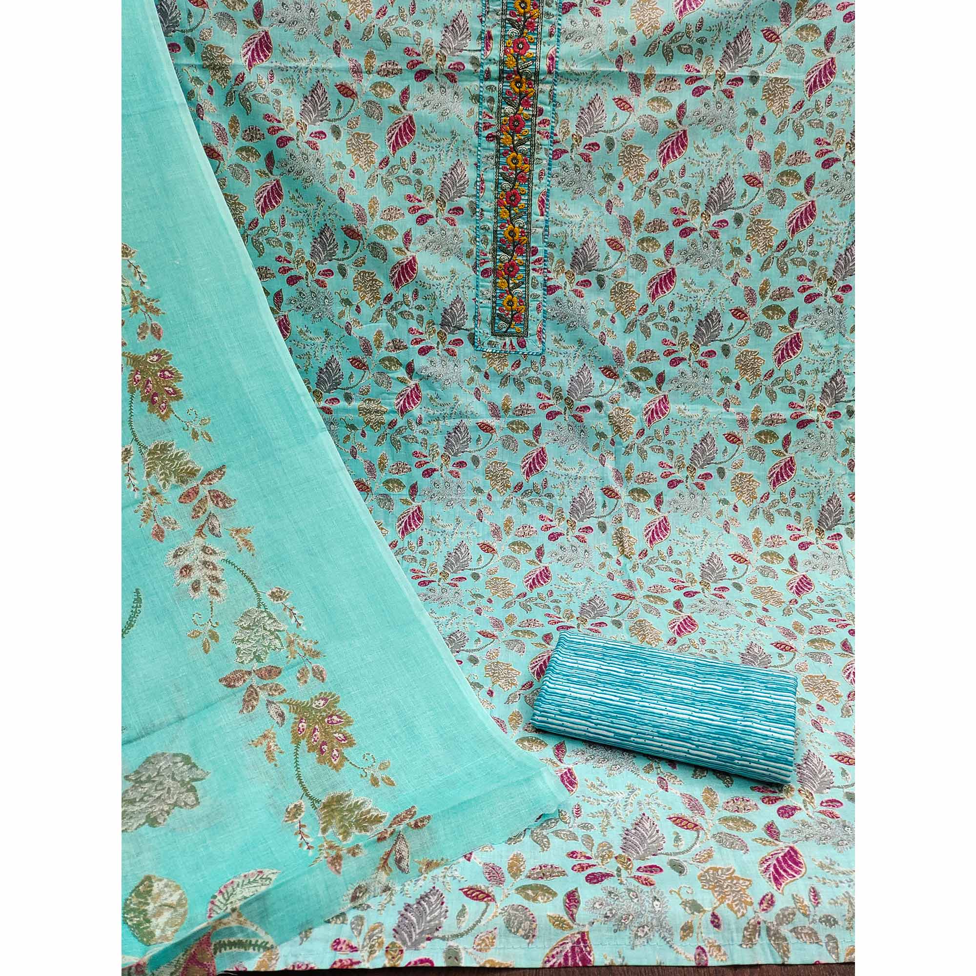 Turquoise Floral Printed With Embroidered Pure Cotton Dress Material