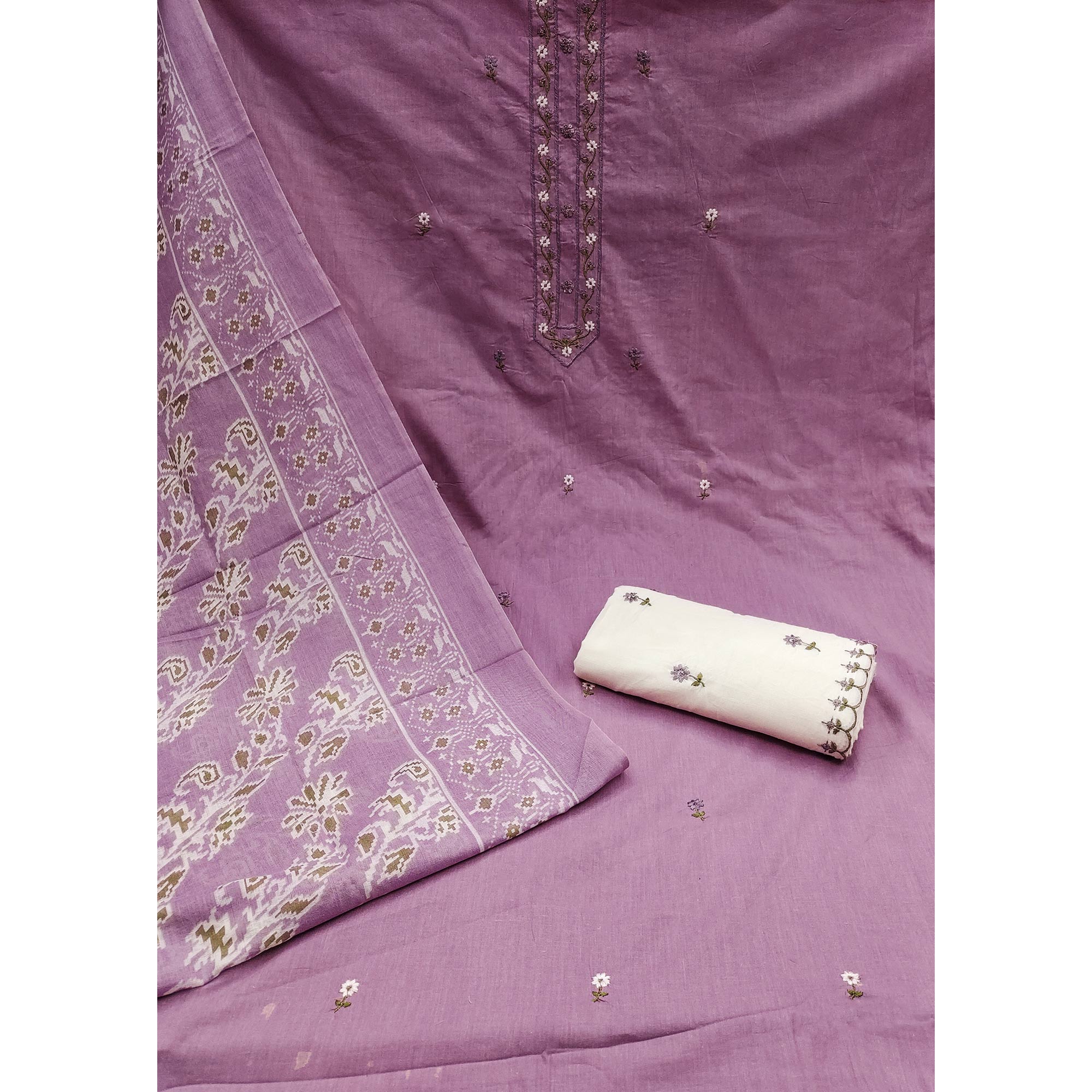 Light Purple Floral Embroidered Pure Cotton Dress Material