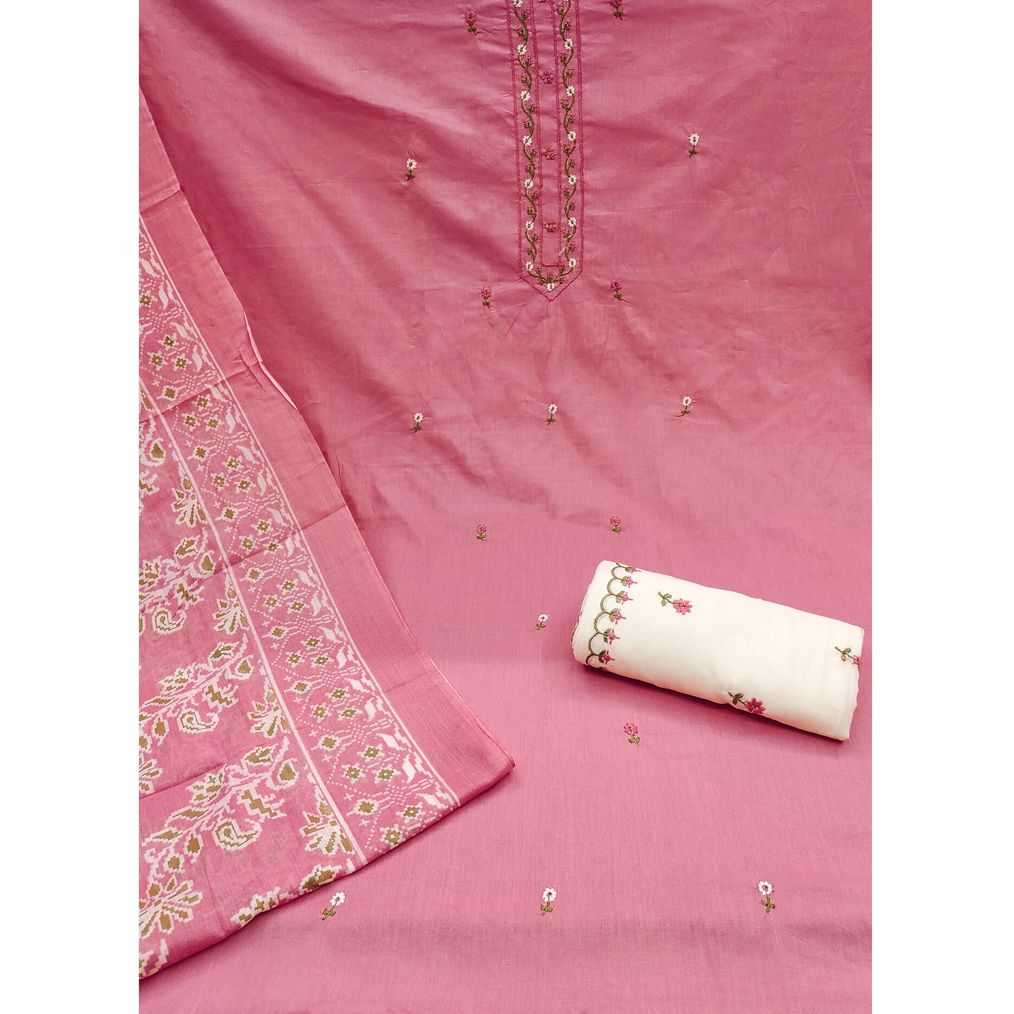 Pink Floral Embroidered Pure Cotton Dress Material