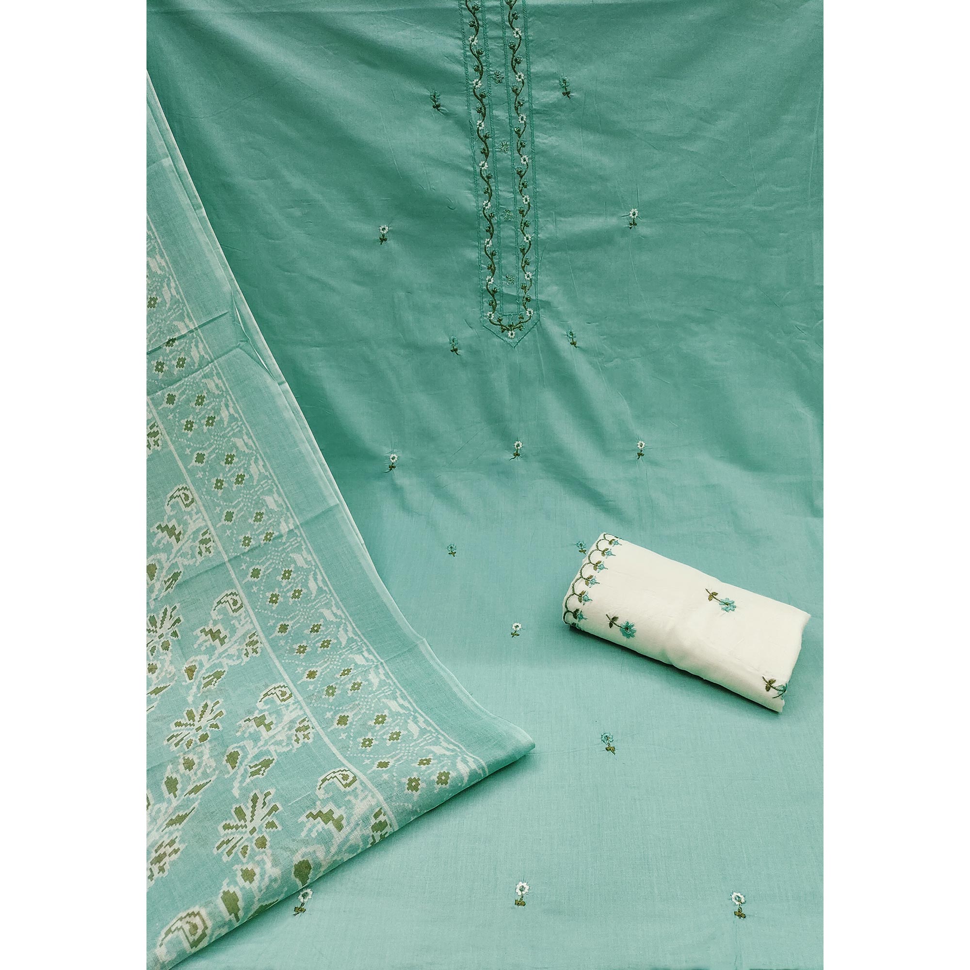Turquoise Floral Embroidered Pure Cotton Dress Material