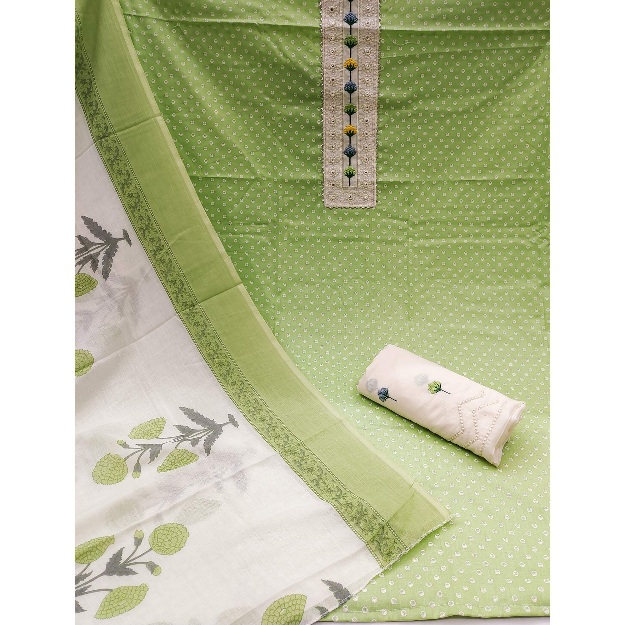 Green Pure Cotton Dress Material with Timeless Polka Design Print Artistry